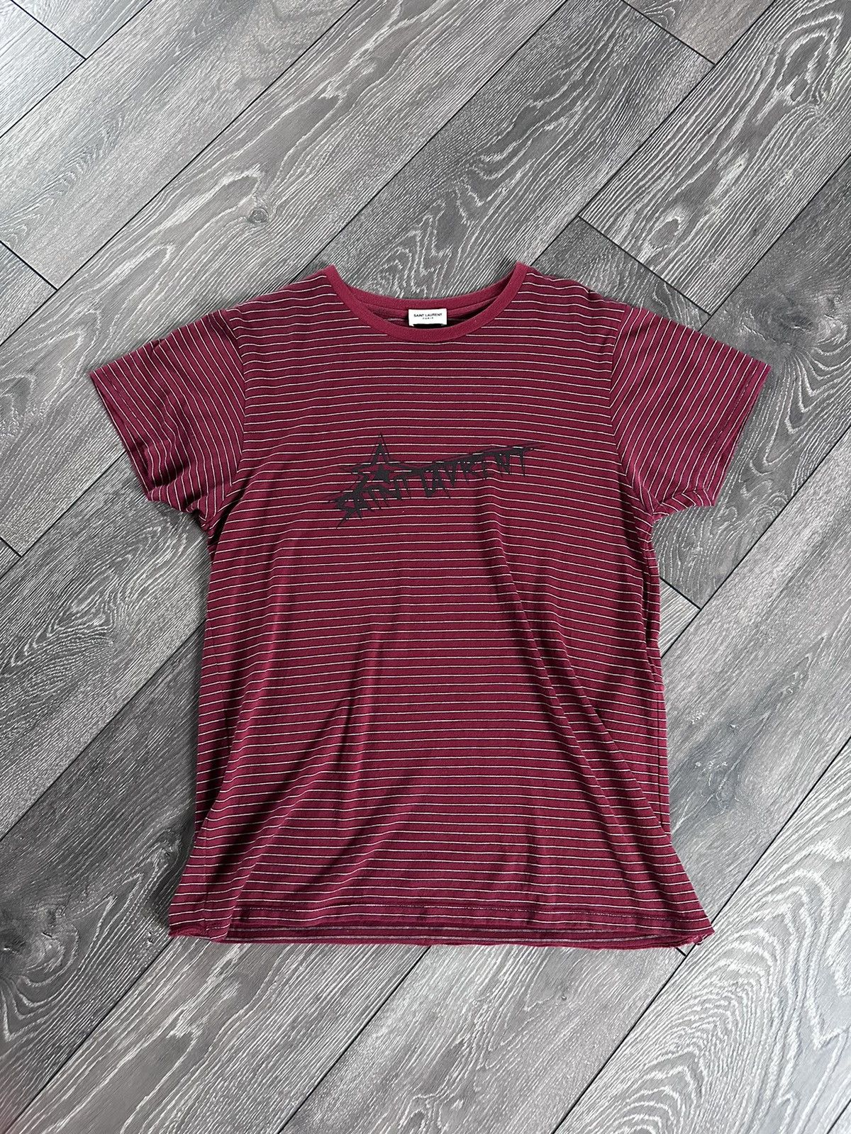 image of Saint Laurent Paris Slp Sl Star Logo Striped T Shirt in Red, Men's (Size Small)