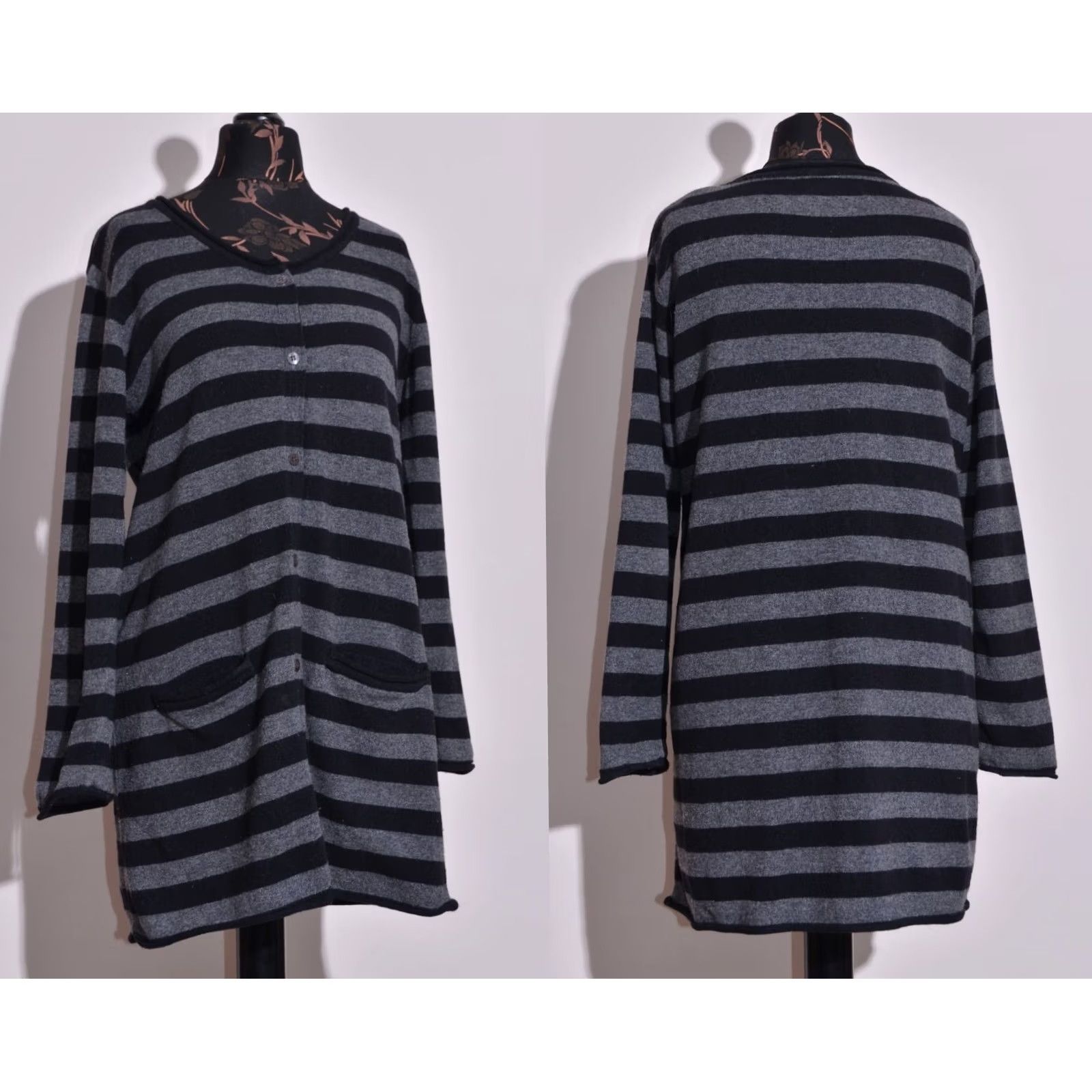 Vintage Gudrun Sjoden Cardigan Womens M Grey Women Long Jumper Striped Wool Blend Sleeve Size M / US 6-8 / IT 42-44 - 2 Thumbnail