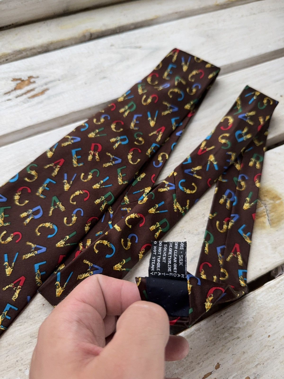 Versace Gianni Versace Silk Tie Brown Logo Print Colorful Letters Size ONE SIZE - 4 Thumbnail