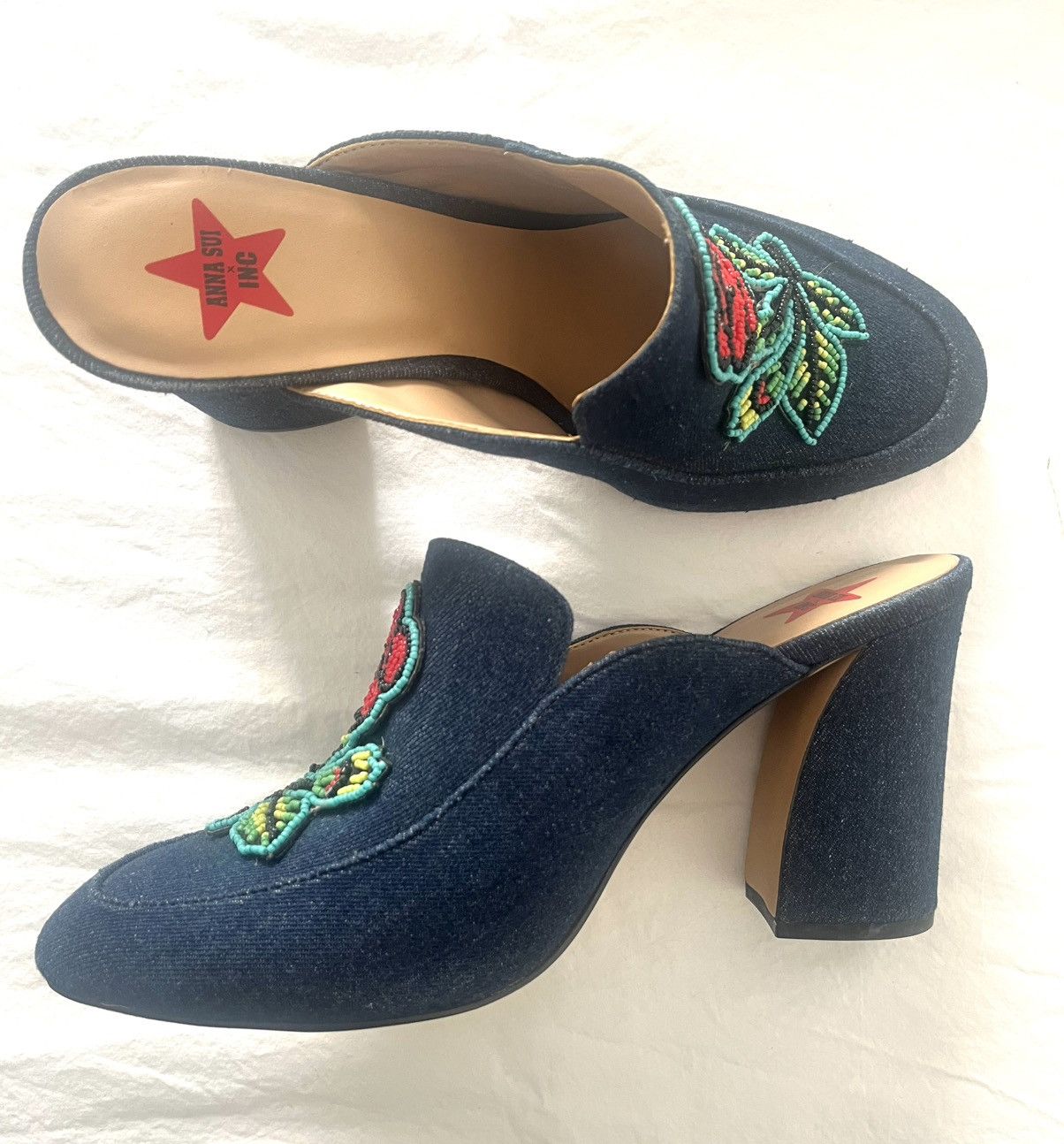 Anna Sui Denim slip on heel with bead icon Size US 12 / IT 42 - 2 Thumbnail