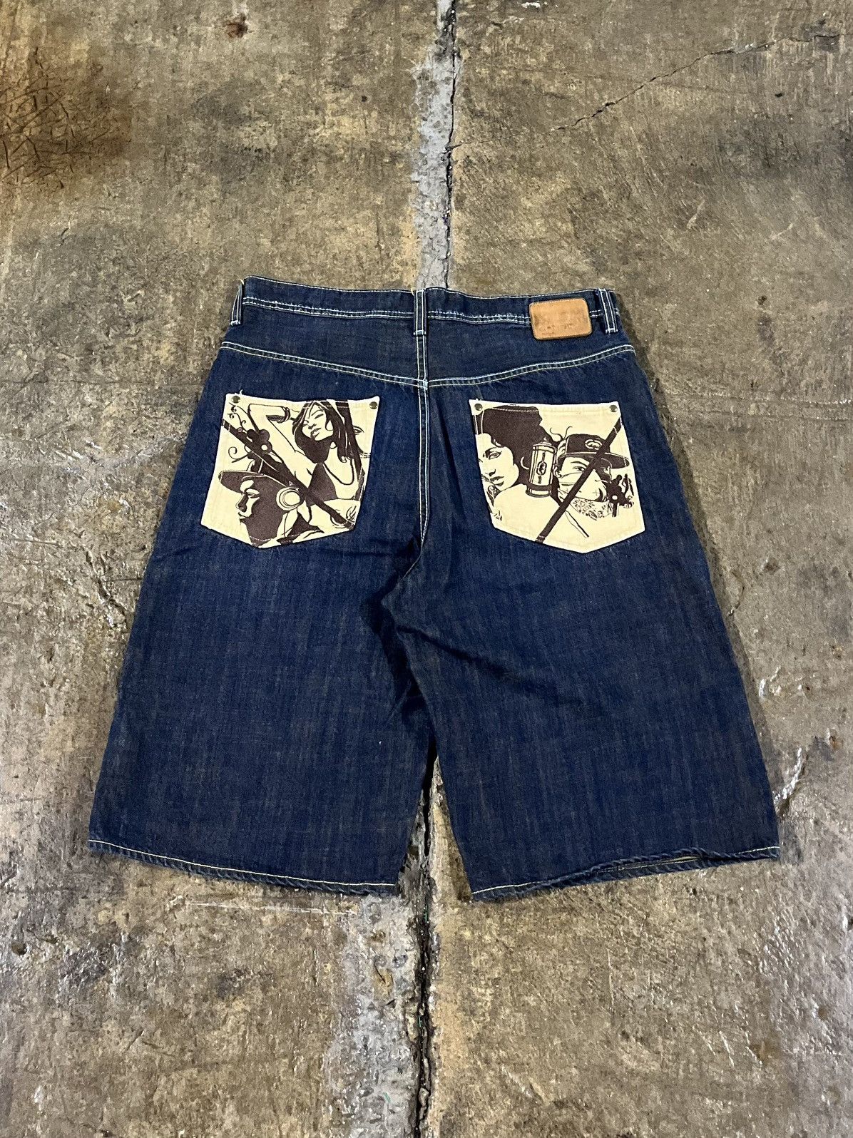 Image of Crazy Y2K Ecko Unltd Graffiti Jorts Baggy Skater Shorts Jnco in Blue, Men's (Size 36)