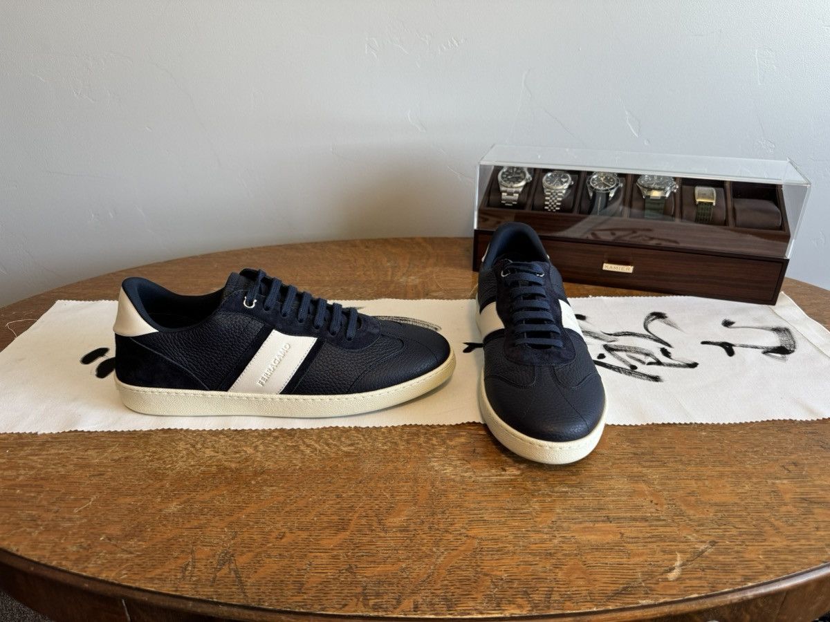 Salvatore Ferragamo Navy Leather & Suede Sneakers | US 9.5
