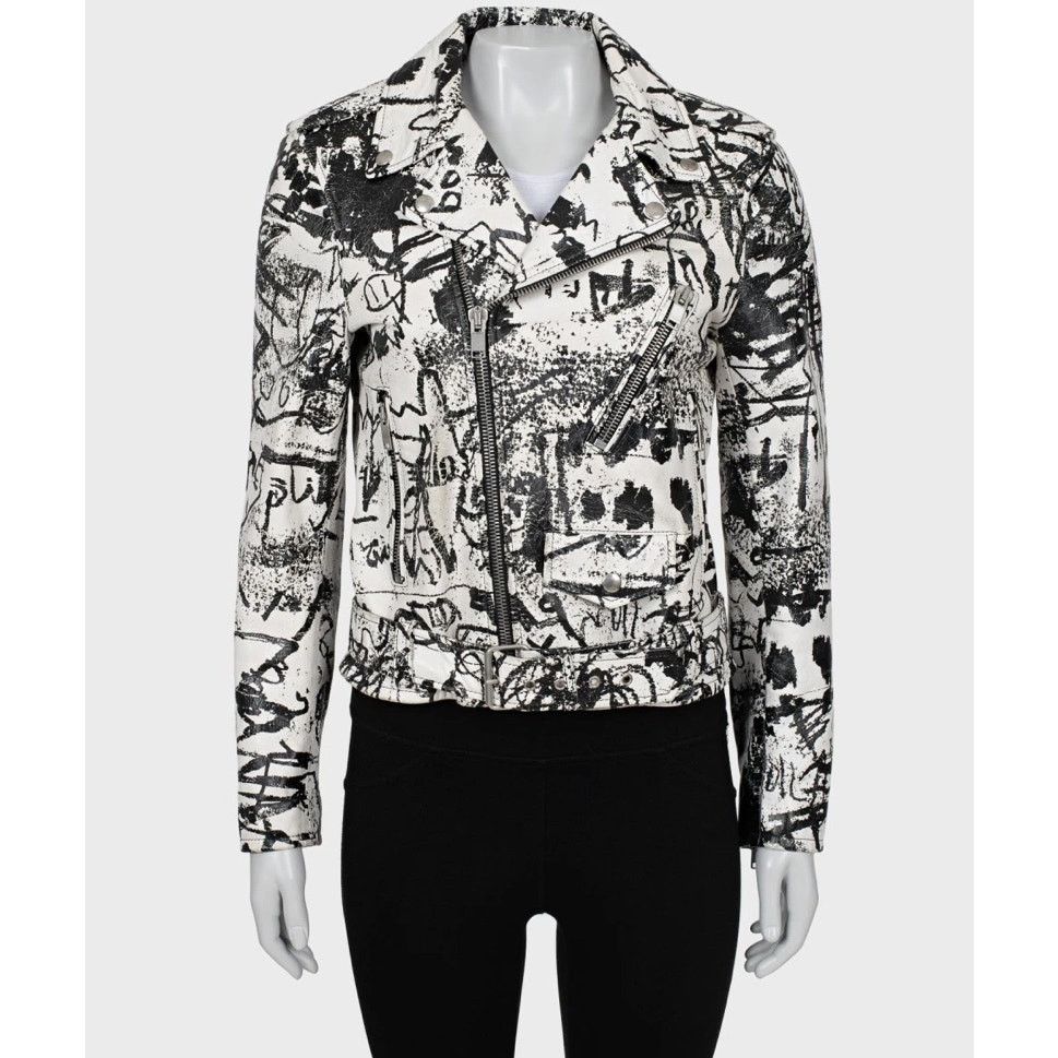 Saint Laurent Leather Printed Biker Jacket Sz.42