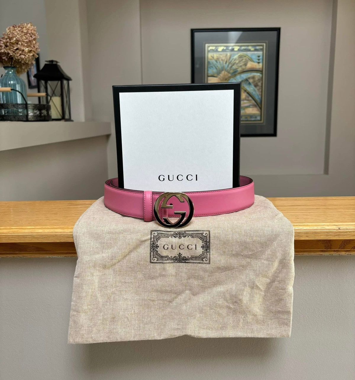 Gucci Gucci Pink / Silver Leather GG Belt Size 34 - 1 Thumbnail