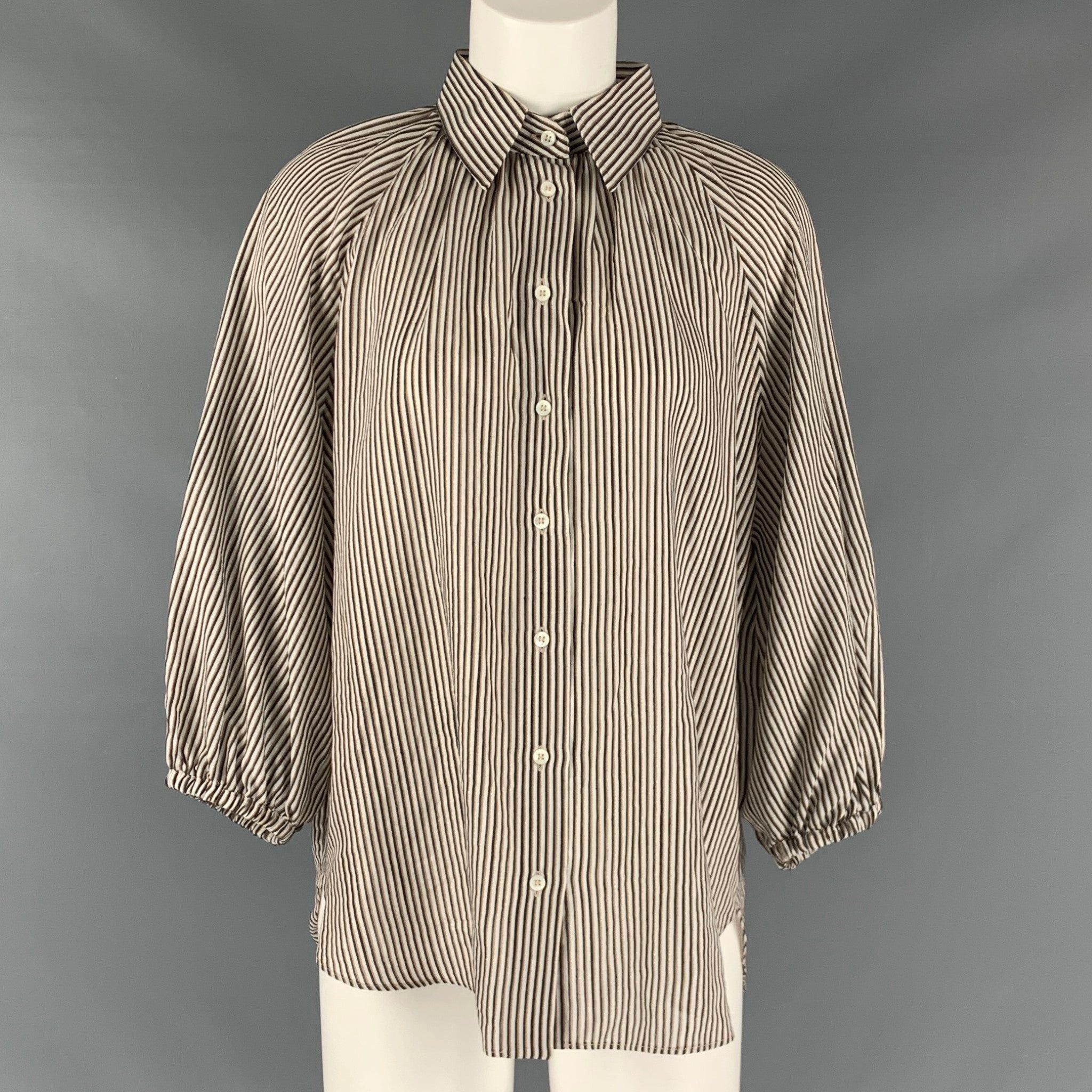 image of Brunello Cucinelli White Brown Black Cotton Blend Stripe Casual Top, Women's (Size Large)