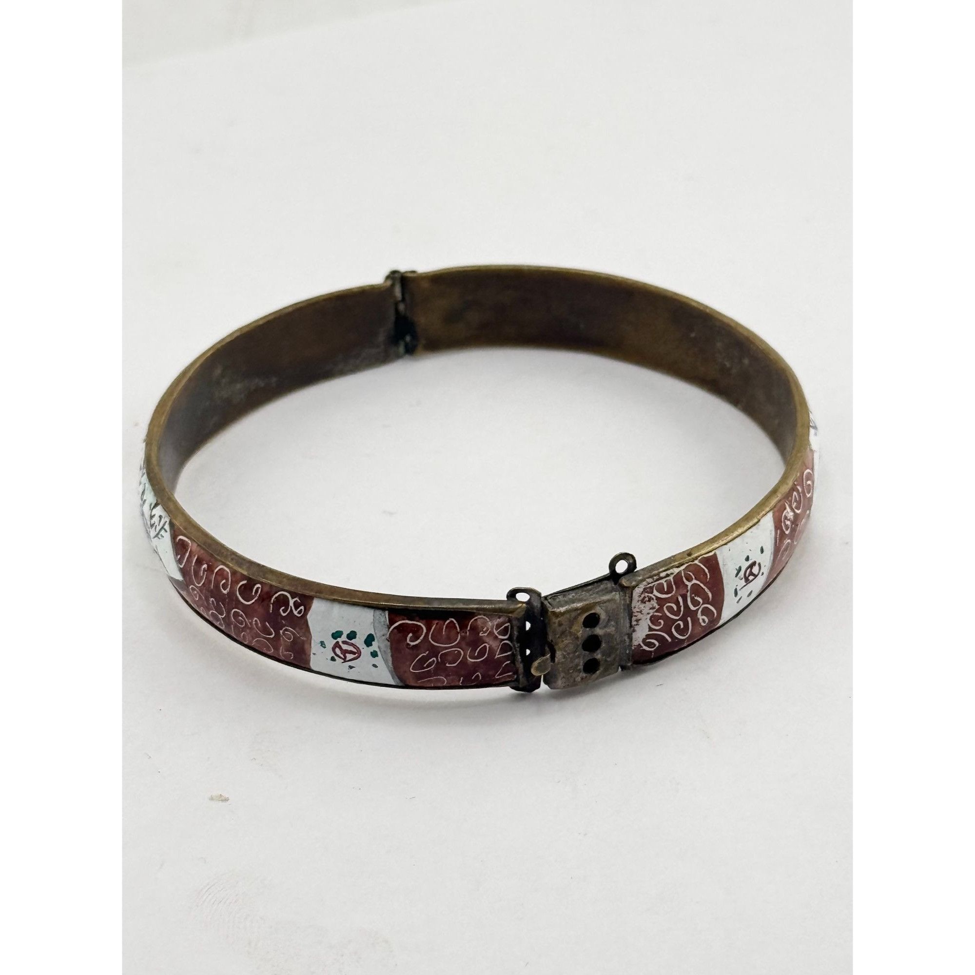 Vintage Estate Antique Hand Painted Enamel Bird & Flowers Hinged Ban Size ONE SIZE - 3 Thumbnail
