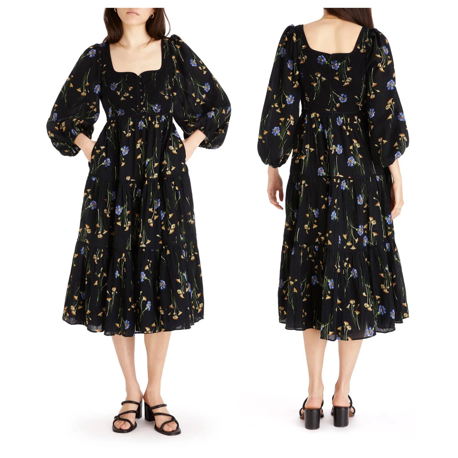 Image of Madewell Xiomara Floral Print Cotton Dress Size 4 in Black, Women's