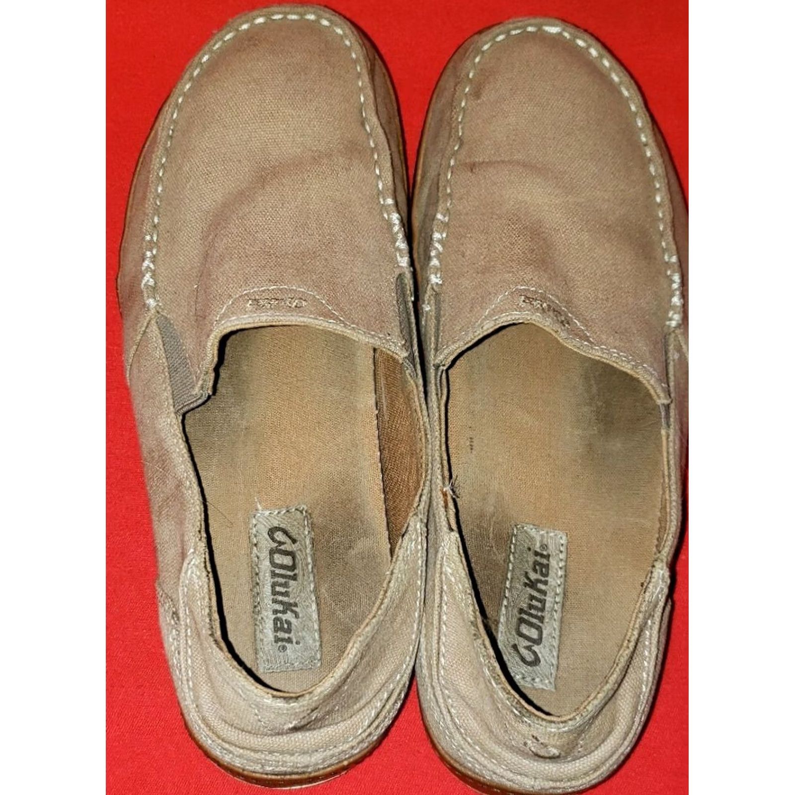 Olukai OluKai Puhalu Canvas Men's Loafers Casual Slip On Tan Kahki Leather Edge 9M Mens Size US 9 / EU 42 - 7 Thumbnail