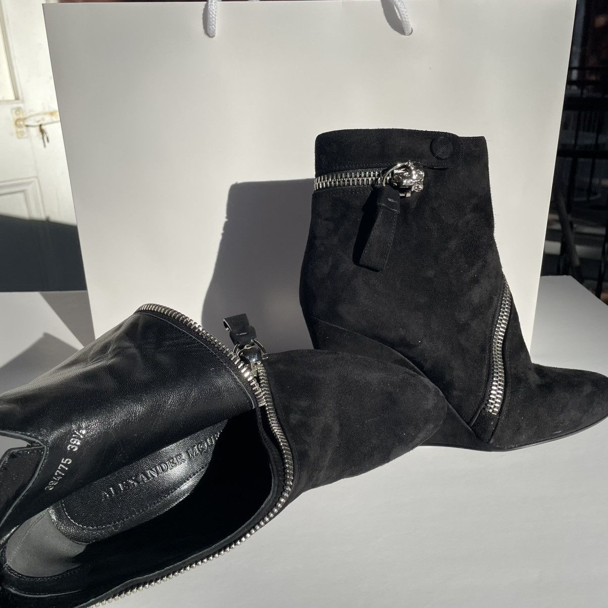 McQueen Black Suede Skull Wedge Boots