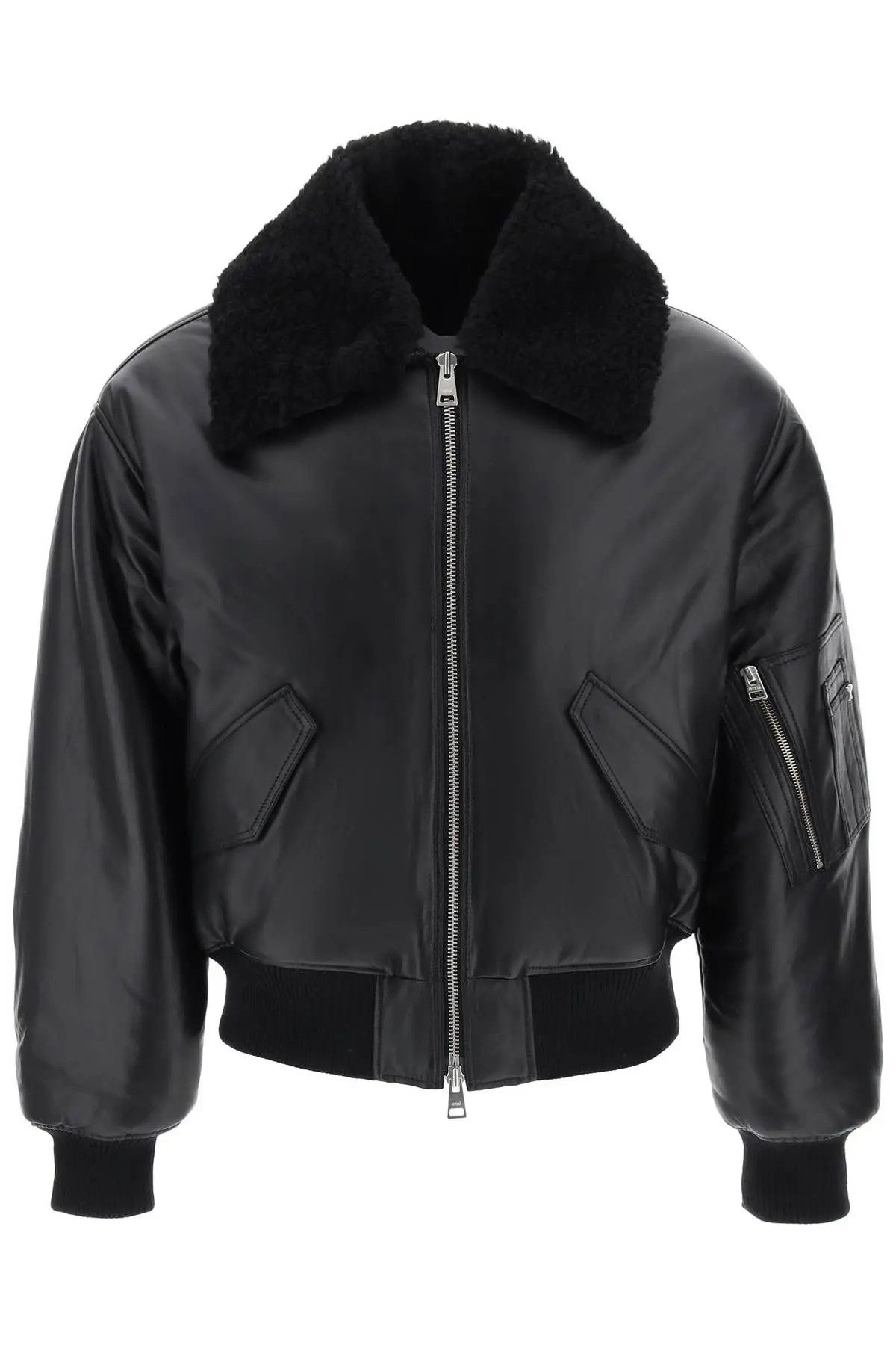 image of Ami O1S22I1N0224 Paris Leather Bomber Jacket In Black, Men's (Size Medium)