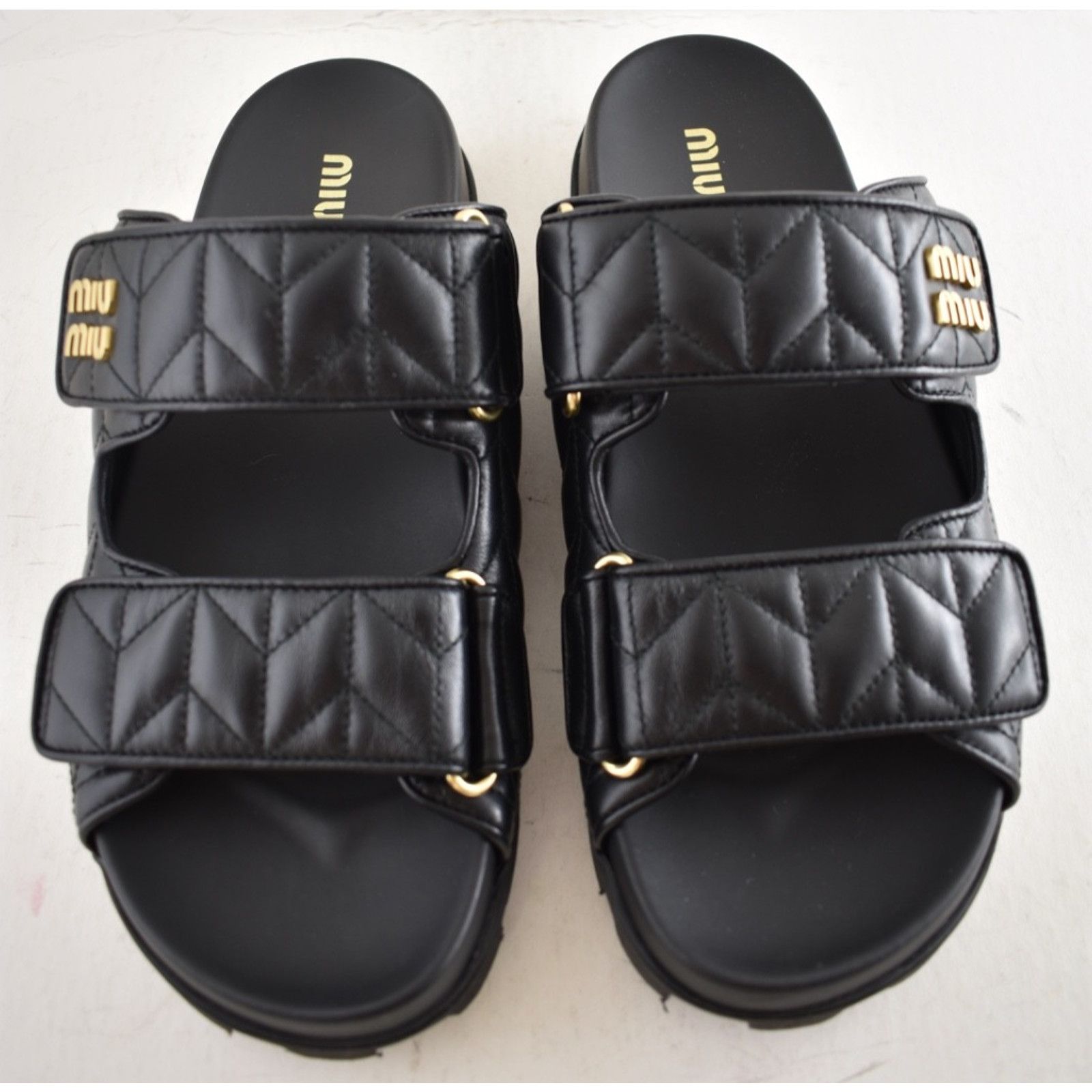Miu Miu Miu Miu Matelasse Black Gold Logo Flat Slide Sandal 39 Size US 9 / IT 39 - 9 Thumbnail