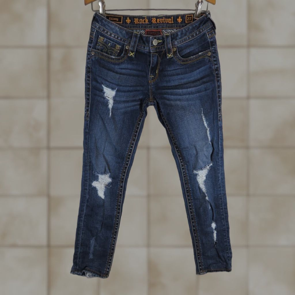 Vintage Rock Revival Jessica Skinny Jeans Womens Size 27 Button Zip Distressed Blue Denim Cotton Blend Regular Slim/Narrow Fit 27in Waist Womens Size 27" / US 4 / IT 40 - 1 Thumbnail
