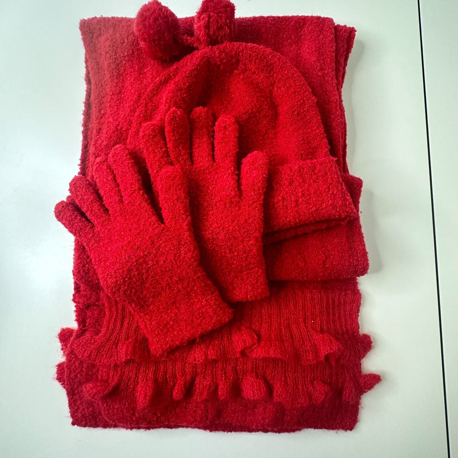 Other NWOT Moda Intl Red Ribbed Hat Scarf Gloves Set Pom Poms OS Size ONE SIZE - 9 Thumbnail