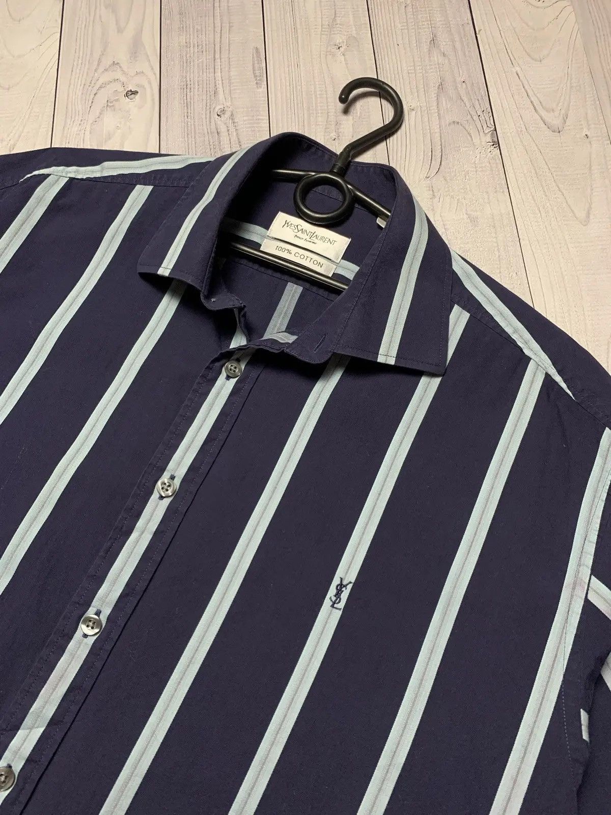 Yves Saint Laurent Vintage Yves Saint Laurent shirt navy YSL logo L striped Size US L / EU 52-54 / 3 - 3 Thumbnail