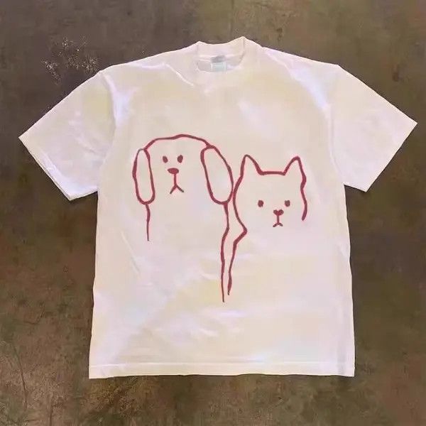 Vintage White Loose Cat and Dog Printed Short Sleeve T-Shirt Size US L / EU 52-54 / 3 - 5 Thumbnail