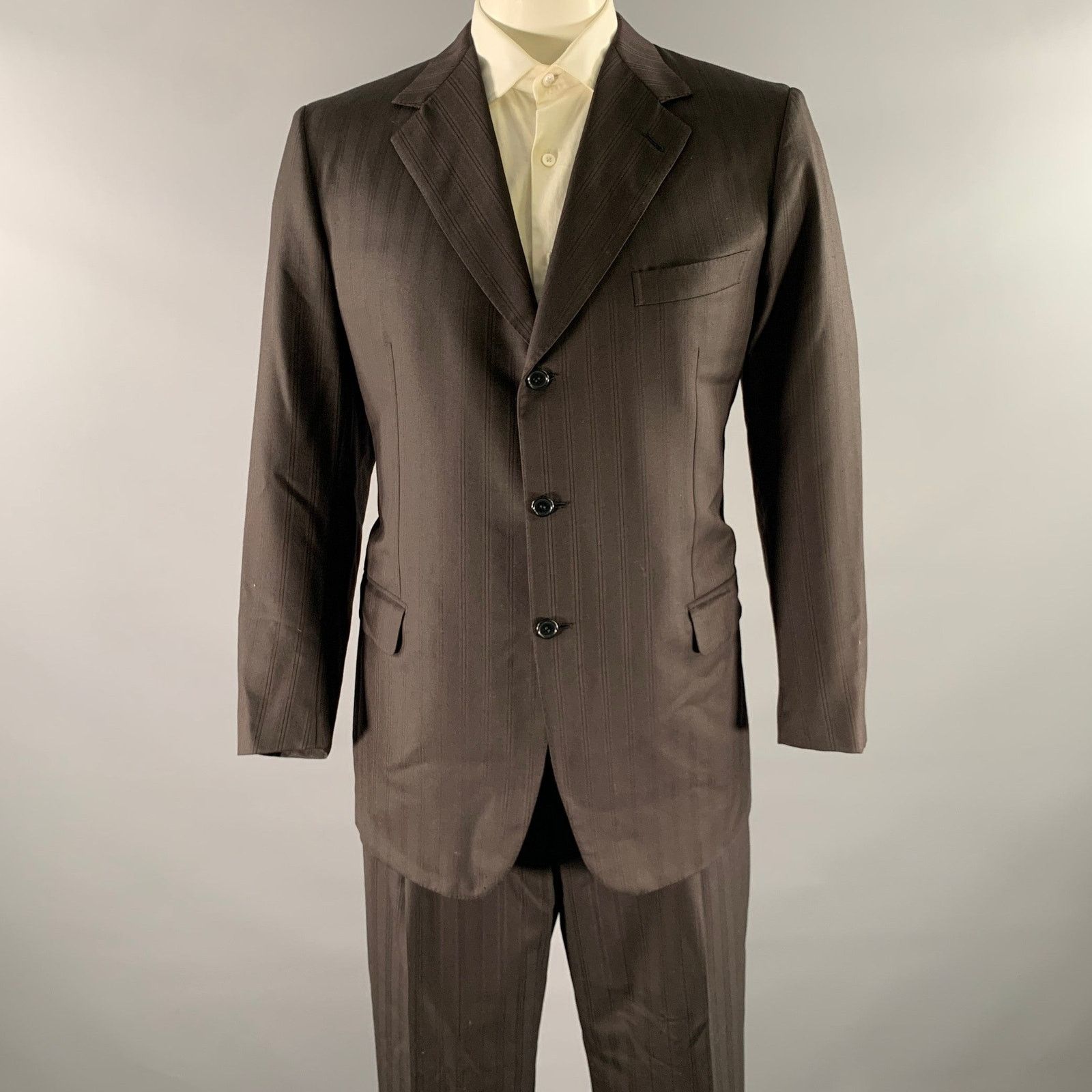 Brioni BRIONI 48R Black Brown Stripe Wool Blend Notch Lapel Suit Size 48R - 1 Thumbnail