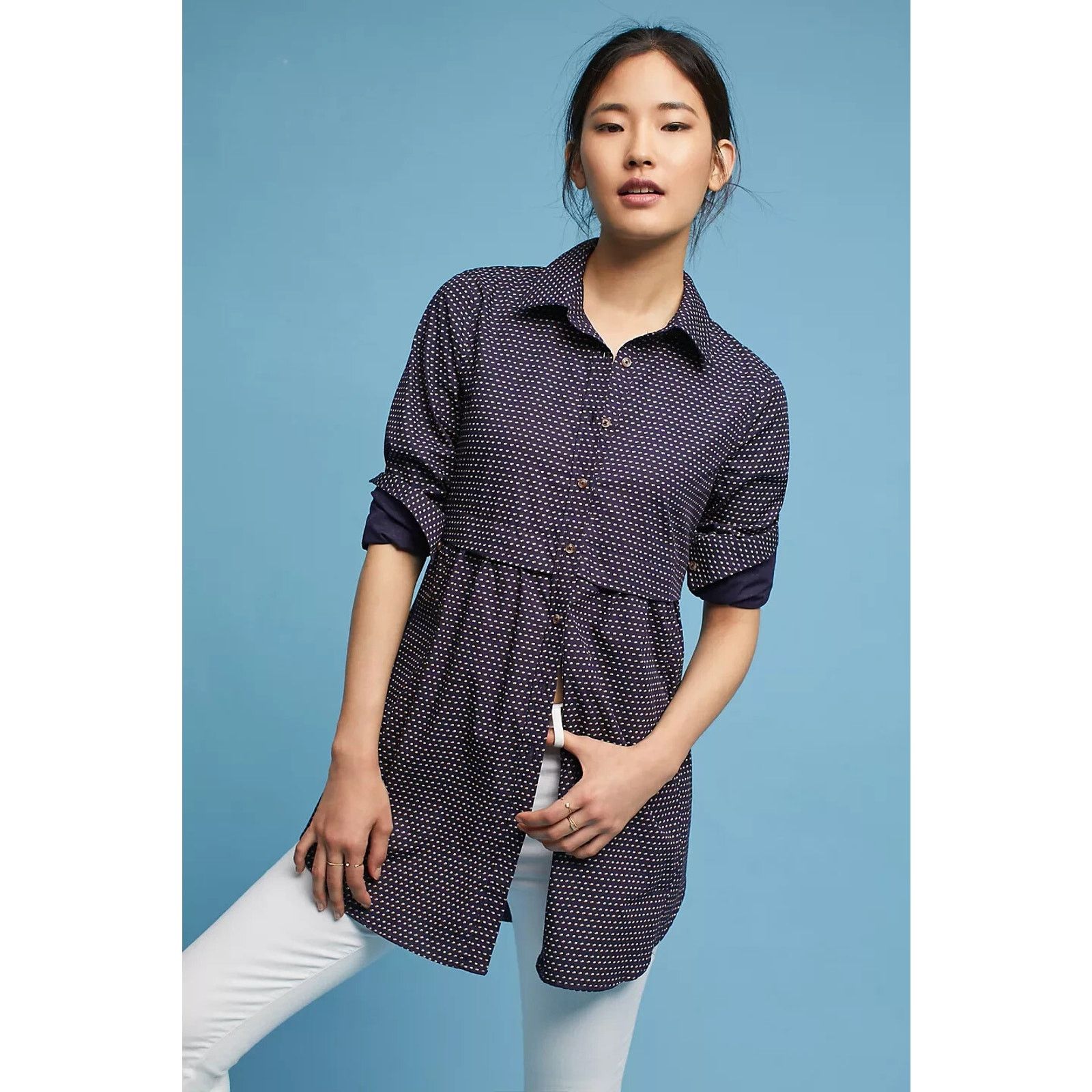Anthropologie Anthropologie Maeve Navy Blue Polka Dot Tunic Top Large Size L / US 10 / IT 46 - 4 Thumbnail