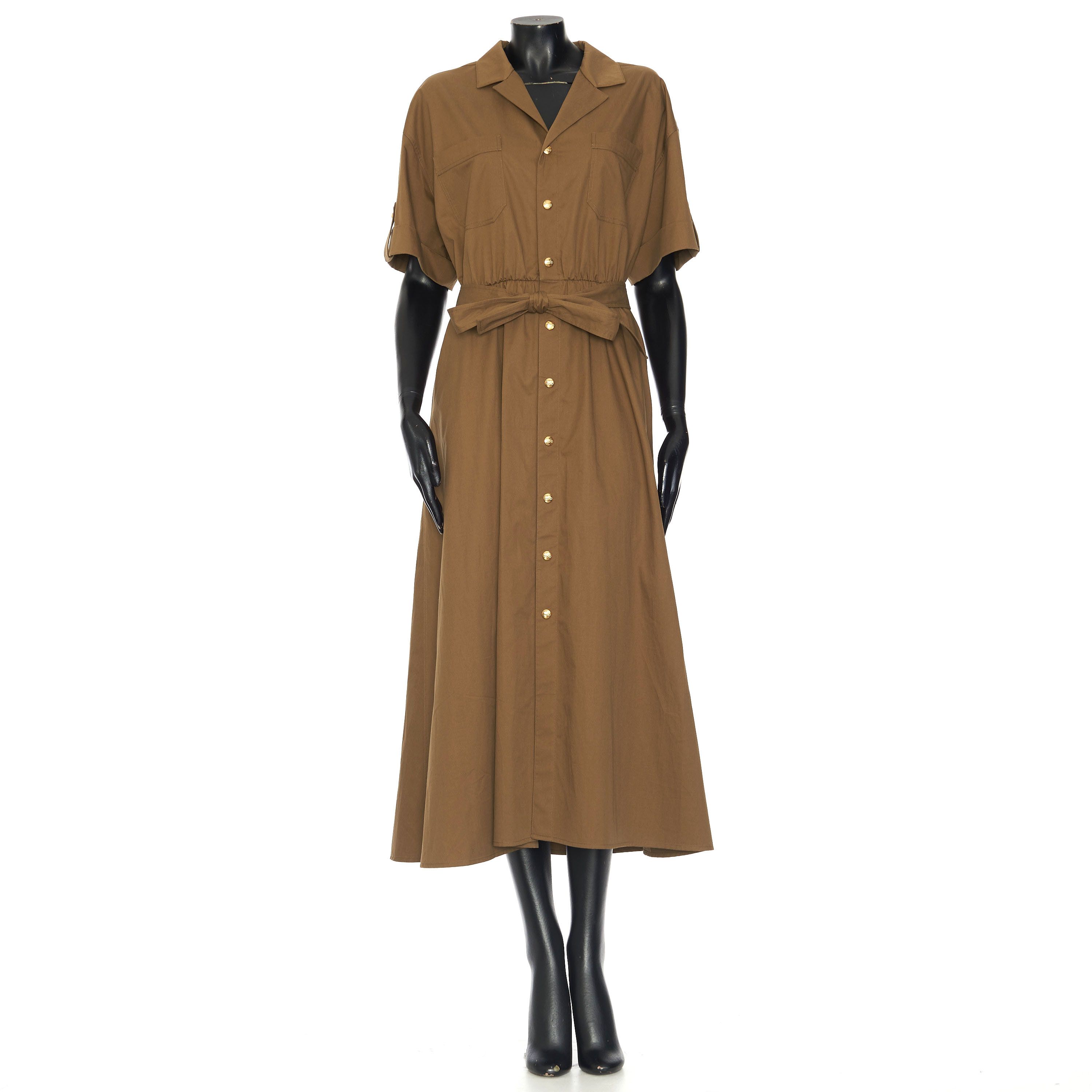 Celine Short-Sleeved Safari Dress In Olive Green Cotton Twill Size L / US 10 / IT 46 - 1 Thumbnail