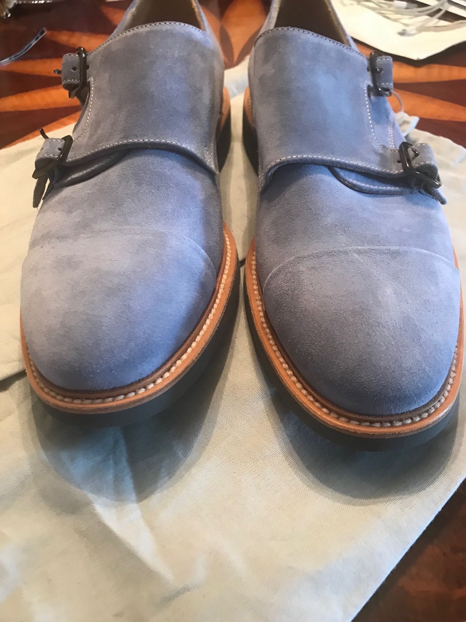 Zegna mens double monk strap light blue suede shoes