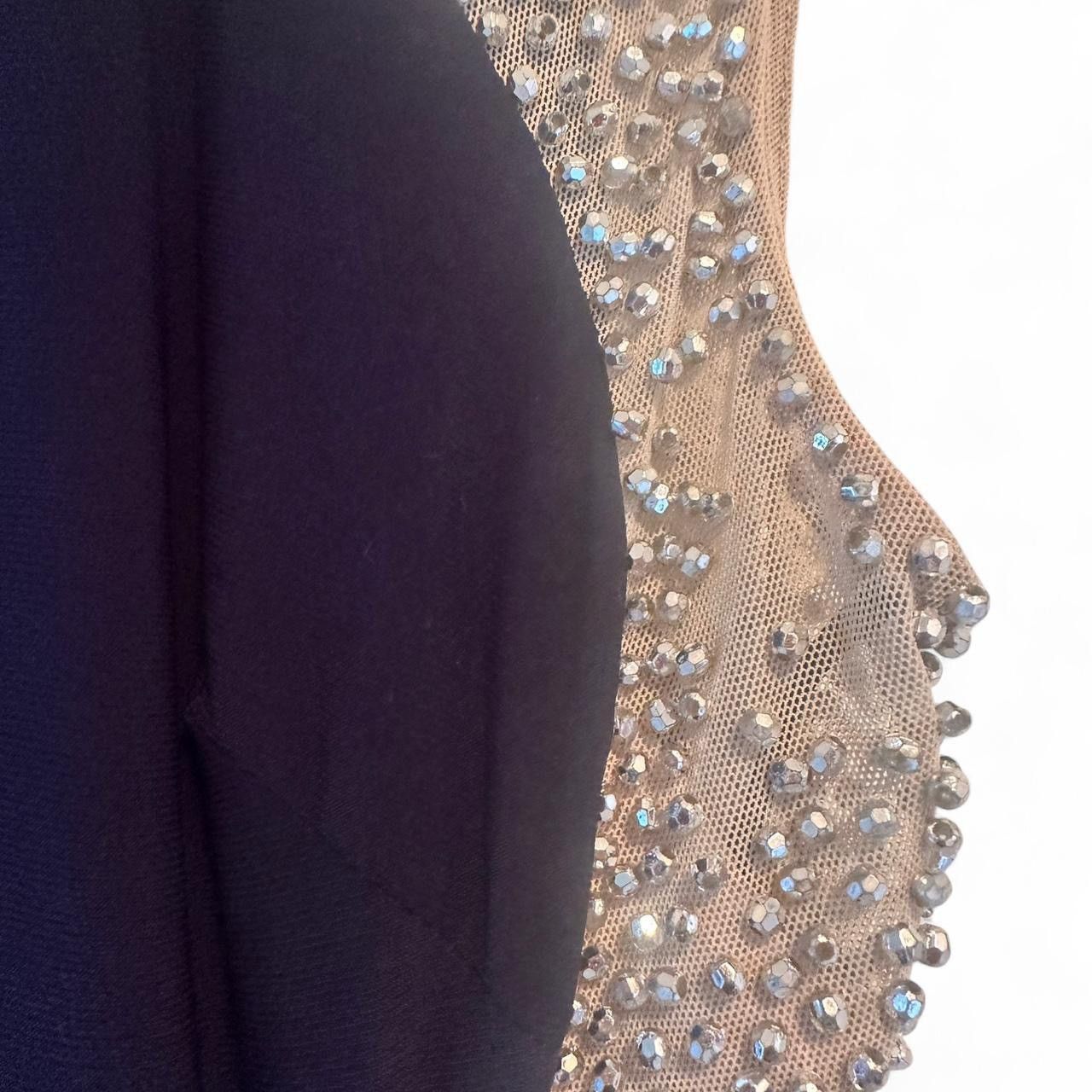 XSCAPE Madison Navy Gown Nude Illusion Beaded Side Dress
