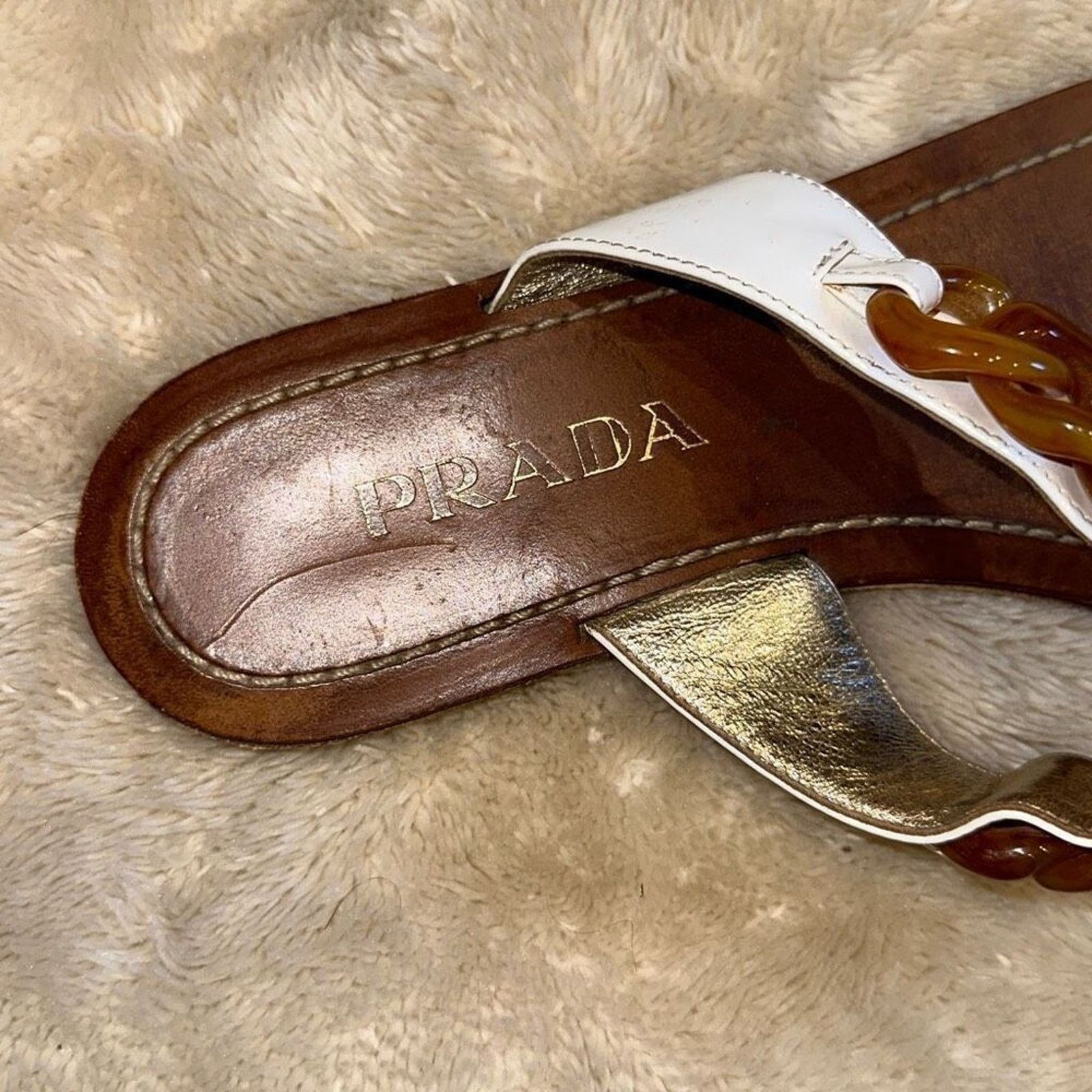 Prada Prada white with tortoise shell chain sandals | Sz 39.5 Size US 9.5 / IT 39.5 - 4 Thumbnail