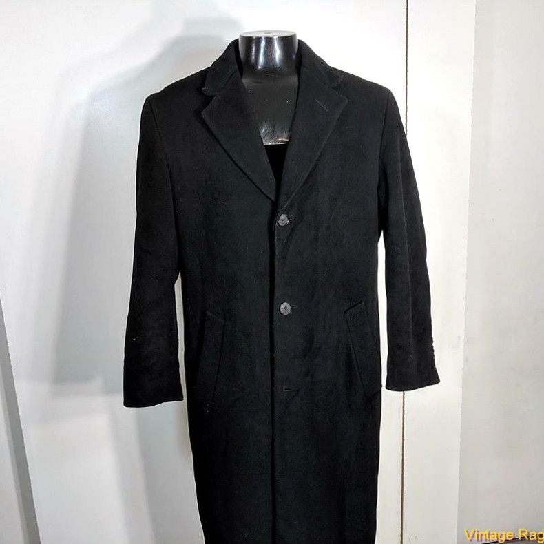 image of Vintage Claiborne Long Wool Cashmere Coat Overcoat Mens Size 38S 38 Short Black in White