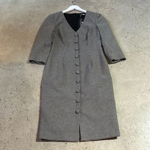 image of Badgley Mischka Grey Plaid Sheath Buttoned 3/4-Sleeve Dress, Women's (Size Medium)