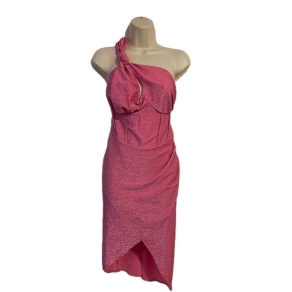 Asos ASOS Curve Metallic One-Shoulder Dress Pink Shimmer Sz 14 Size L / US 10 / IT 46 - 3 Thumbnail