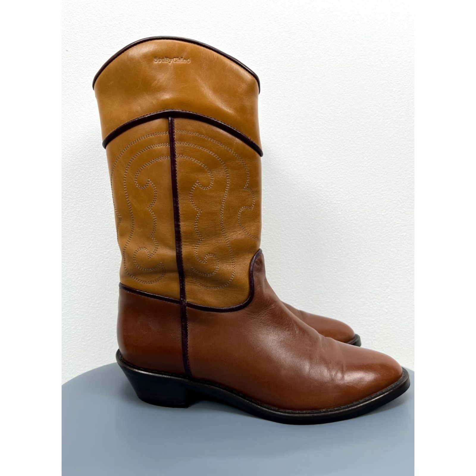 Vintage See By Chloé Brown Leather Boots Western Style Cowboy Size 37 - Boots, Western, Leather, See By Chloé Women, Brown Size US 4 / IT 34 - 2 Thumbnail