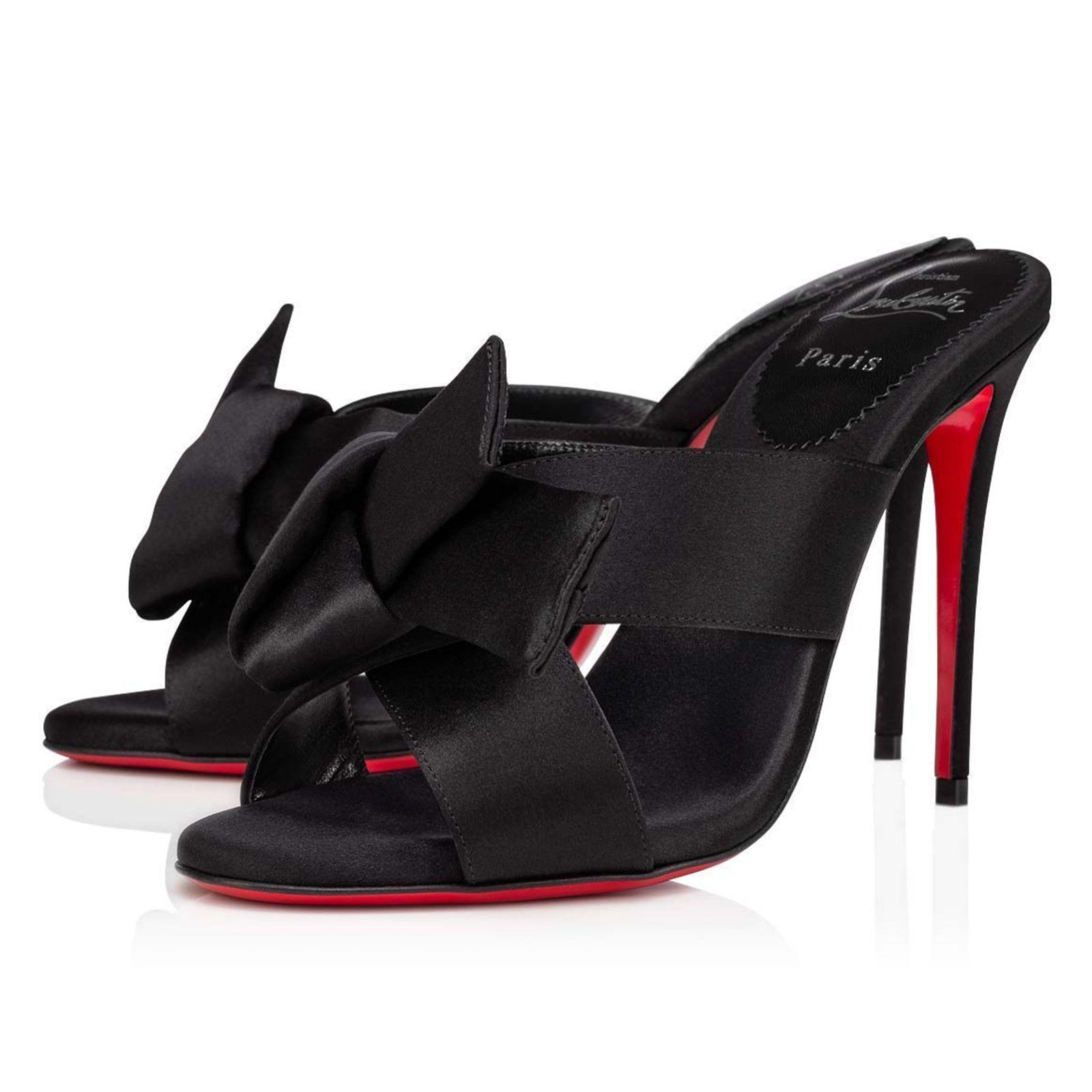 Christian Louboutin Matricia 100 Black Satin Bow Backless Sandal Heel Pump 36 Size US 6 / IT 36 - 1 Thumbnail