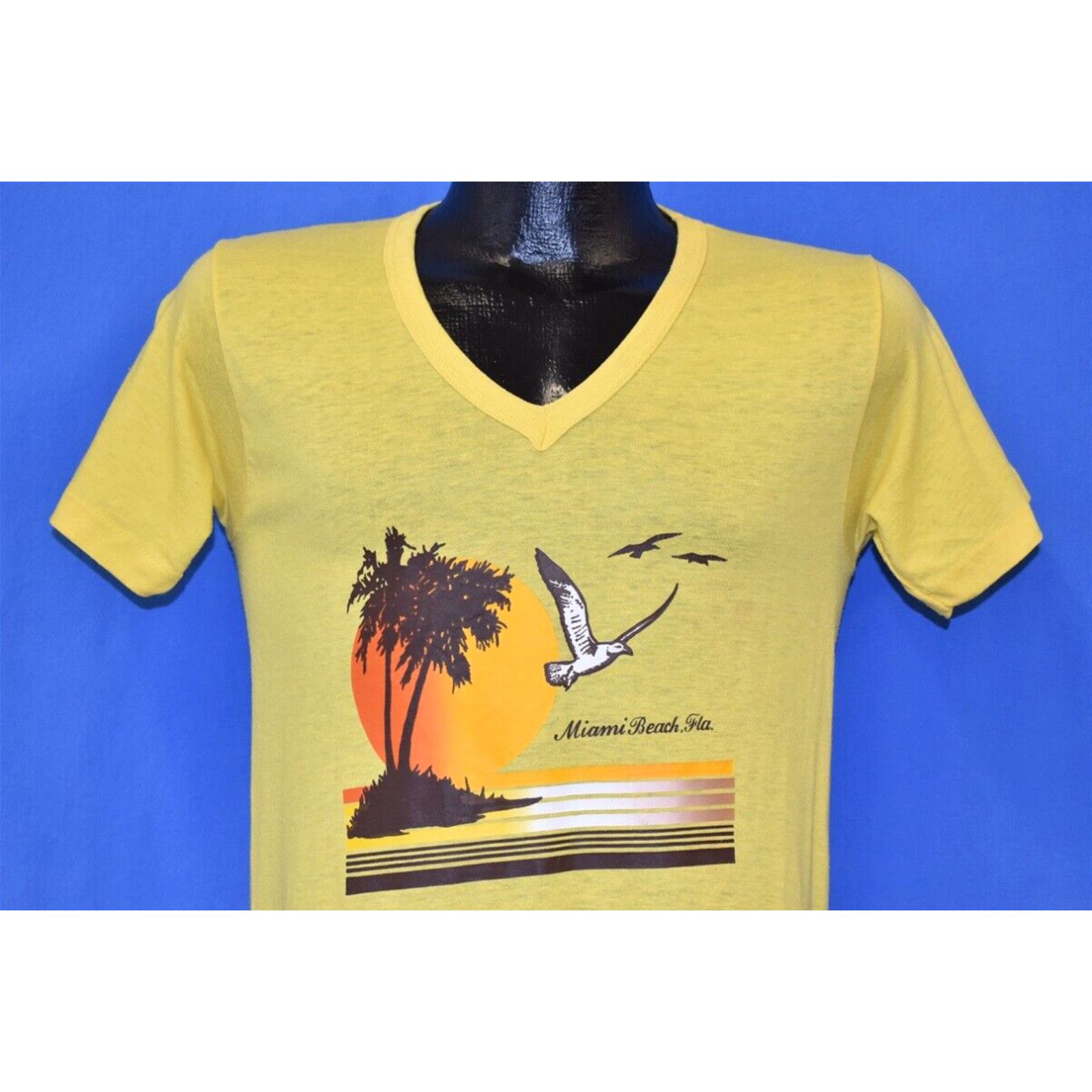 image of Vintage VTG 80's Miami Beach Florida Sunset Seagull Palm Tree Vacation V-Neck T-Shirt S in White (S