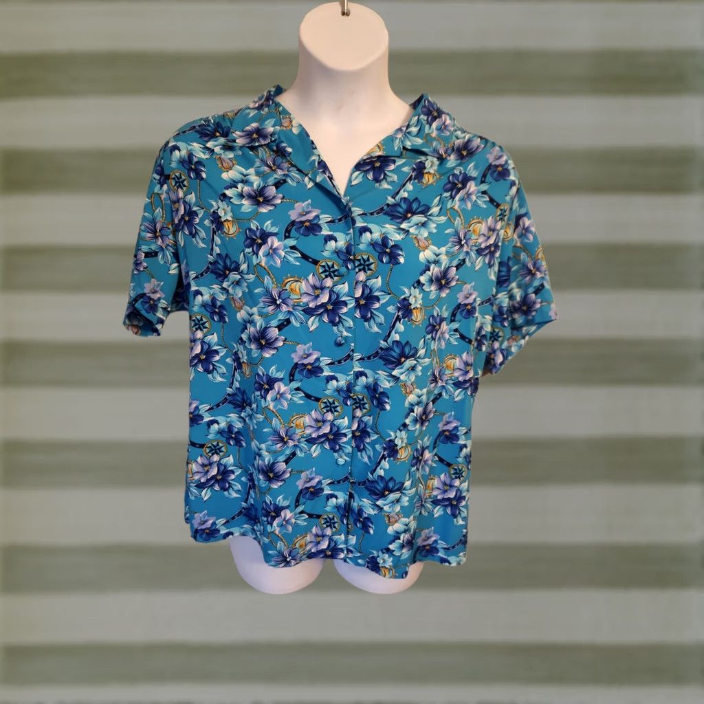 Vintage VINTAGE Koret Blue Floral Short Sleeve Button Up Shirt Top 16W Mens? Or Womens? Size XXL / US 16-18 / IT 52-54 - 1 Thumbnail