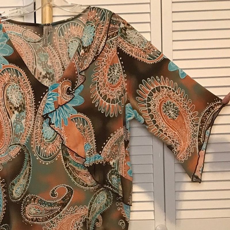Other Susan Lawrence Paisley Floral V-Neck 3/4 Sleeve Blouse 2X Size XXL / US 16-18 / IT 52-54 - 4 Thumbnail