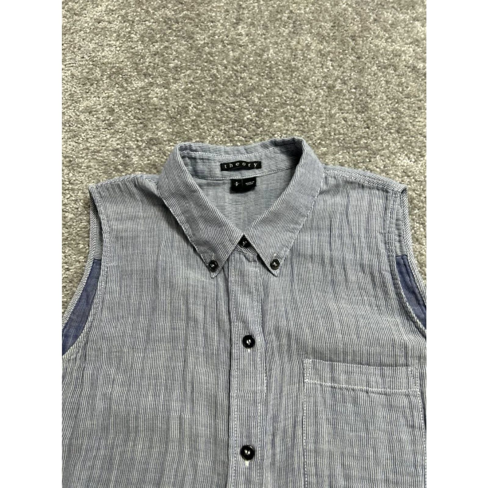 Theory Theory Shirt Womens Small Blue Striped Cotton Pleated Button Down Sleeveless Top Size S / US 4 / IT 40 - 3 Thumbnail