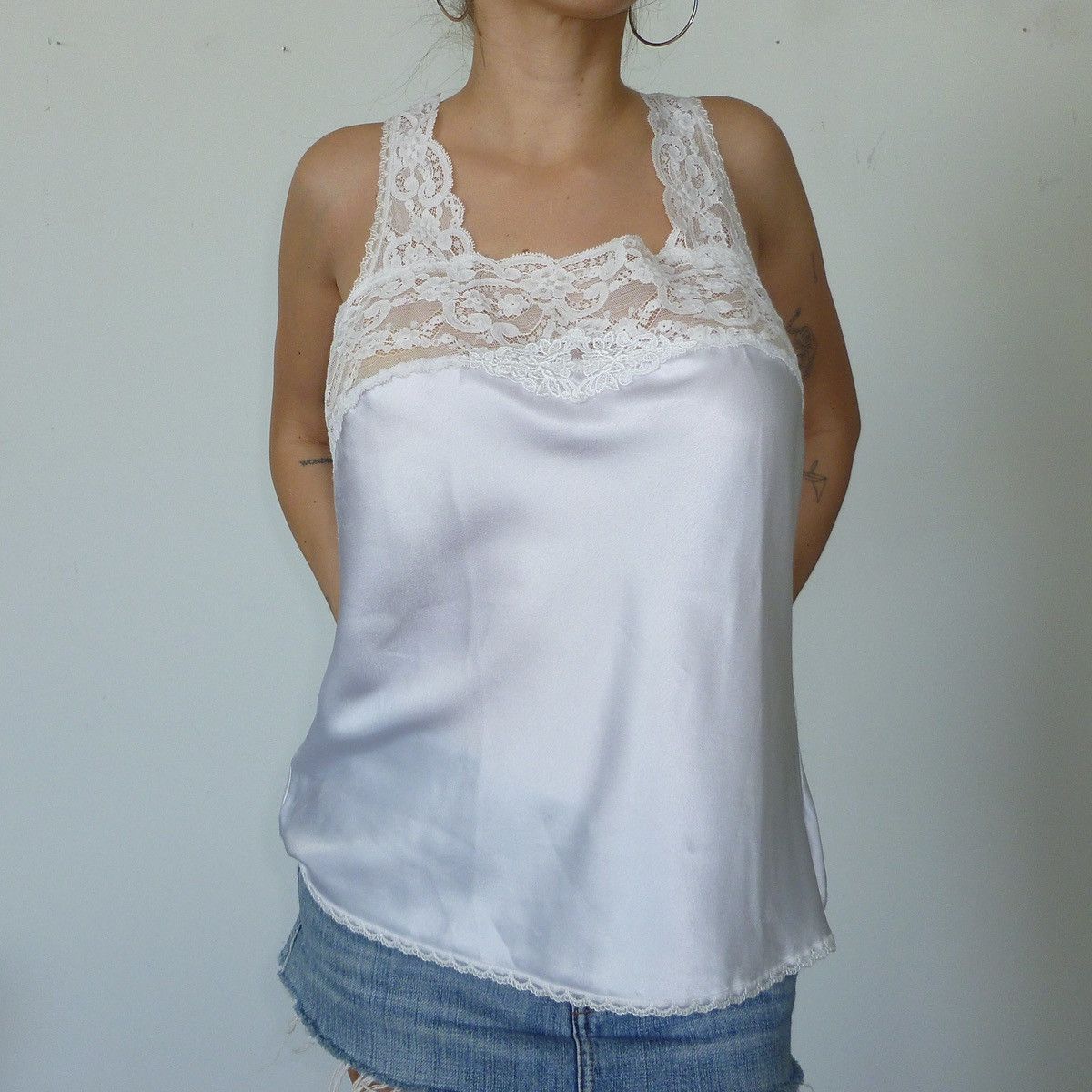 image of Vintage Dior Silk Lace Slip Tank Top in White, Women's (Size Small)