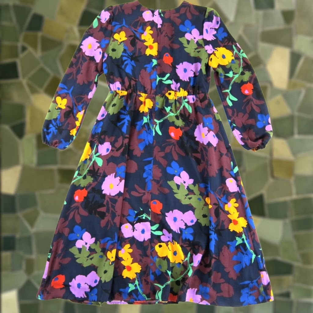 Vintage Halogen Blue Pink Green Yellow Red Floral Long Sleeve Sheath Midi Dress Medium Size M / US 6-8 / IT 42-44 - 1 Thumbnail