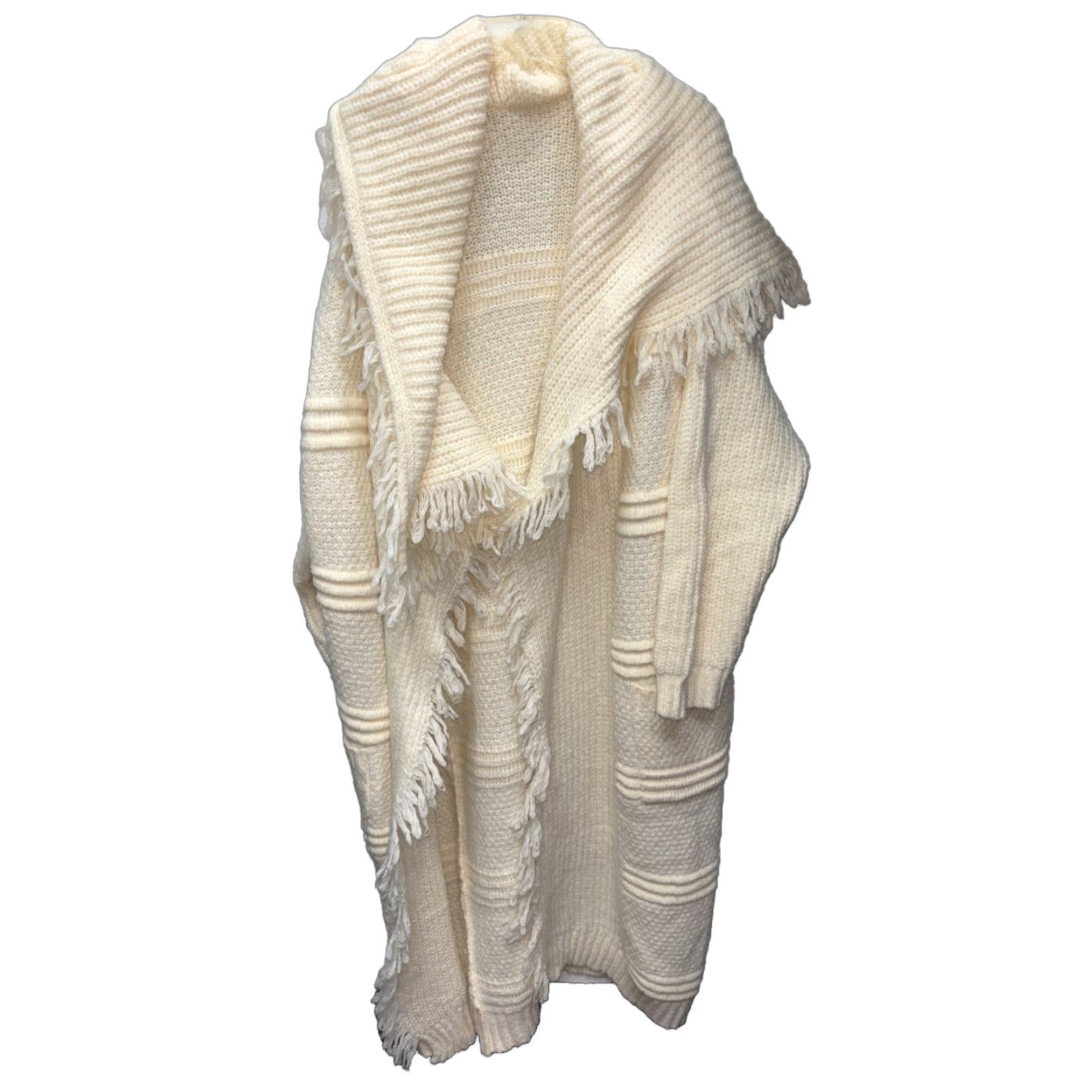 Ivory Cardigan Duster Open Front Tassel Pocket Sweater Stripe Knit V-Neck Long Sleeve Dolman Loose Relaxed - XL - Women - Knit - Cardigan