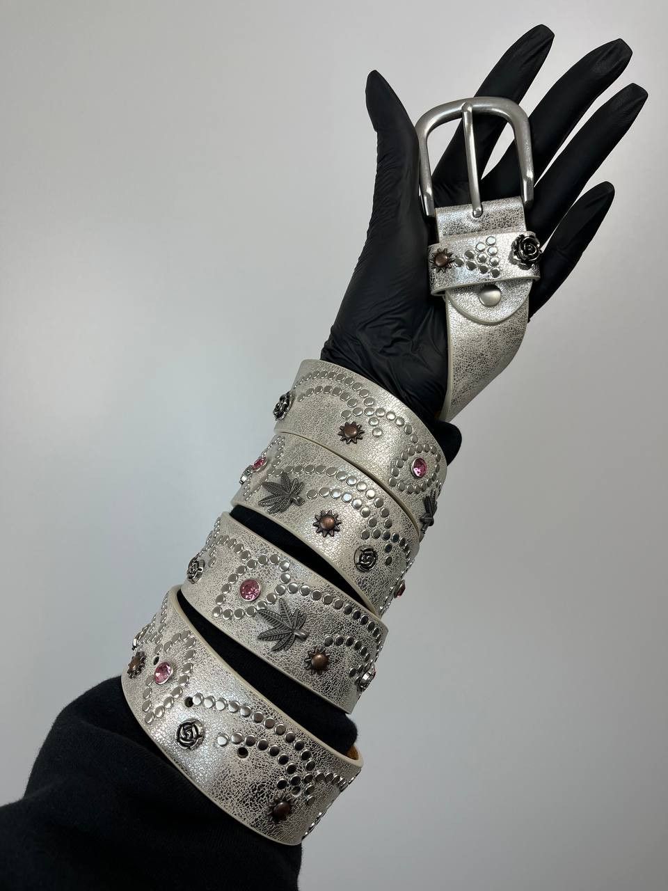 Other Vintage Studded Leather Belt Western Biker Floral Rhinestone Size ONE SIZE - 6 Thumbnail