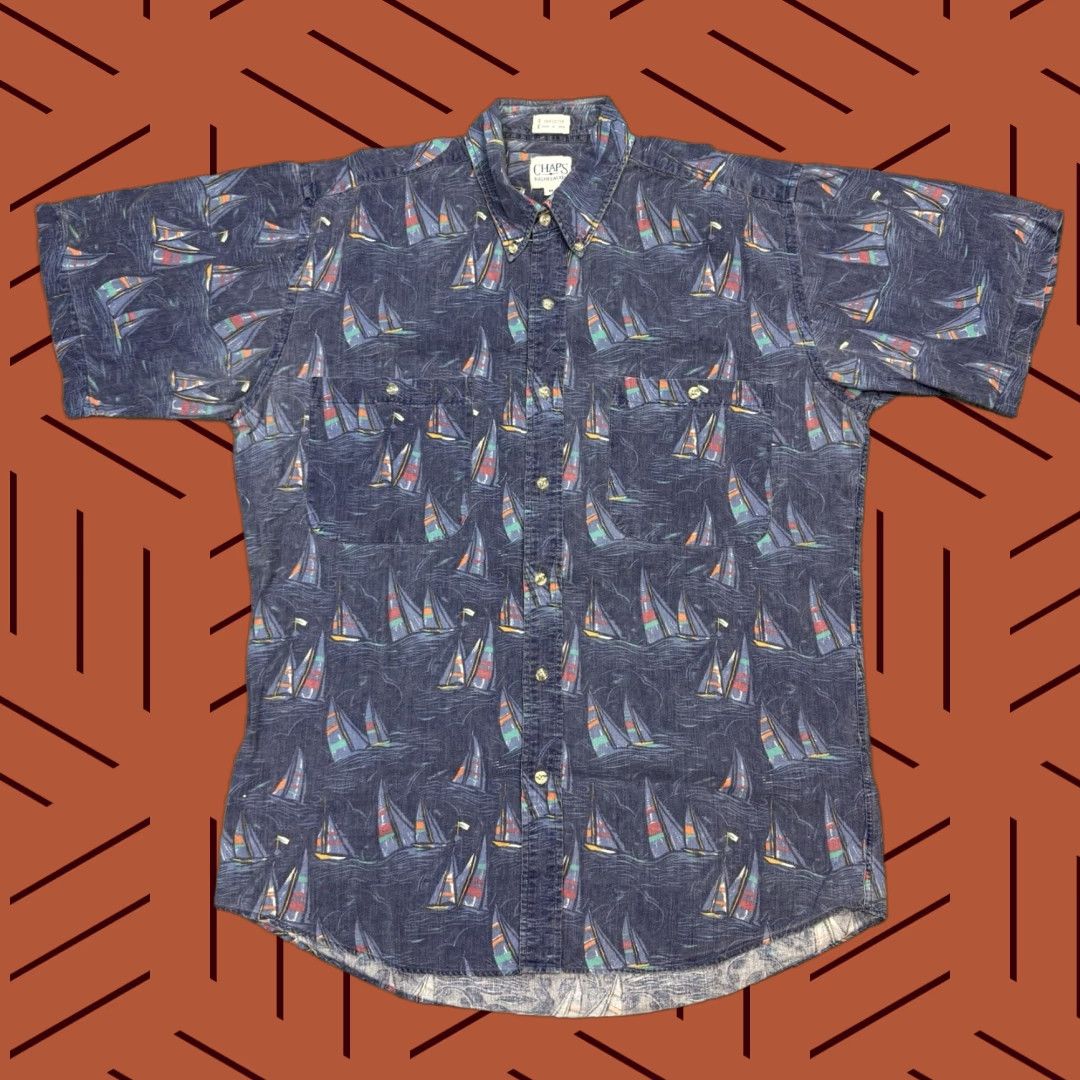 Chaps VINTAGE CHAPS RALPH LAUREN Button-Down Shirt Short Sleeve Sailboat Print Mens M Blue Size US M / EU 48-50 / 2 - 1 Thumbnail