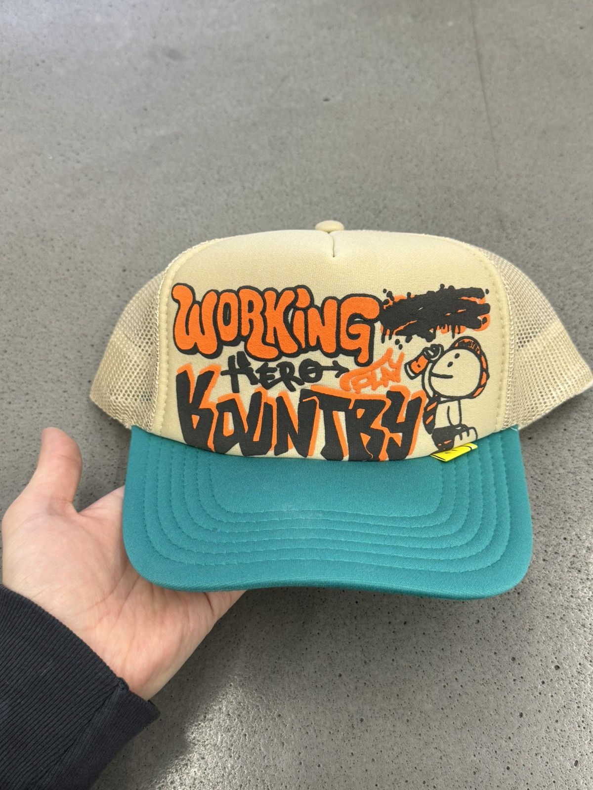 image of Kapital Working Hero Trucker Cap (Beige/turquoise), Men's