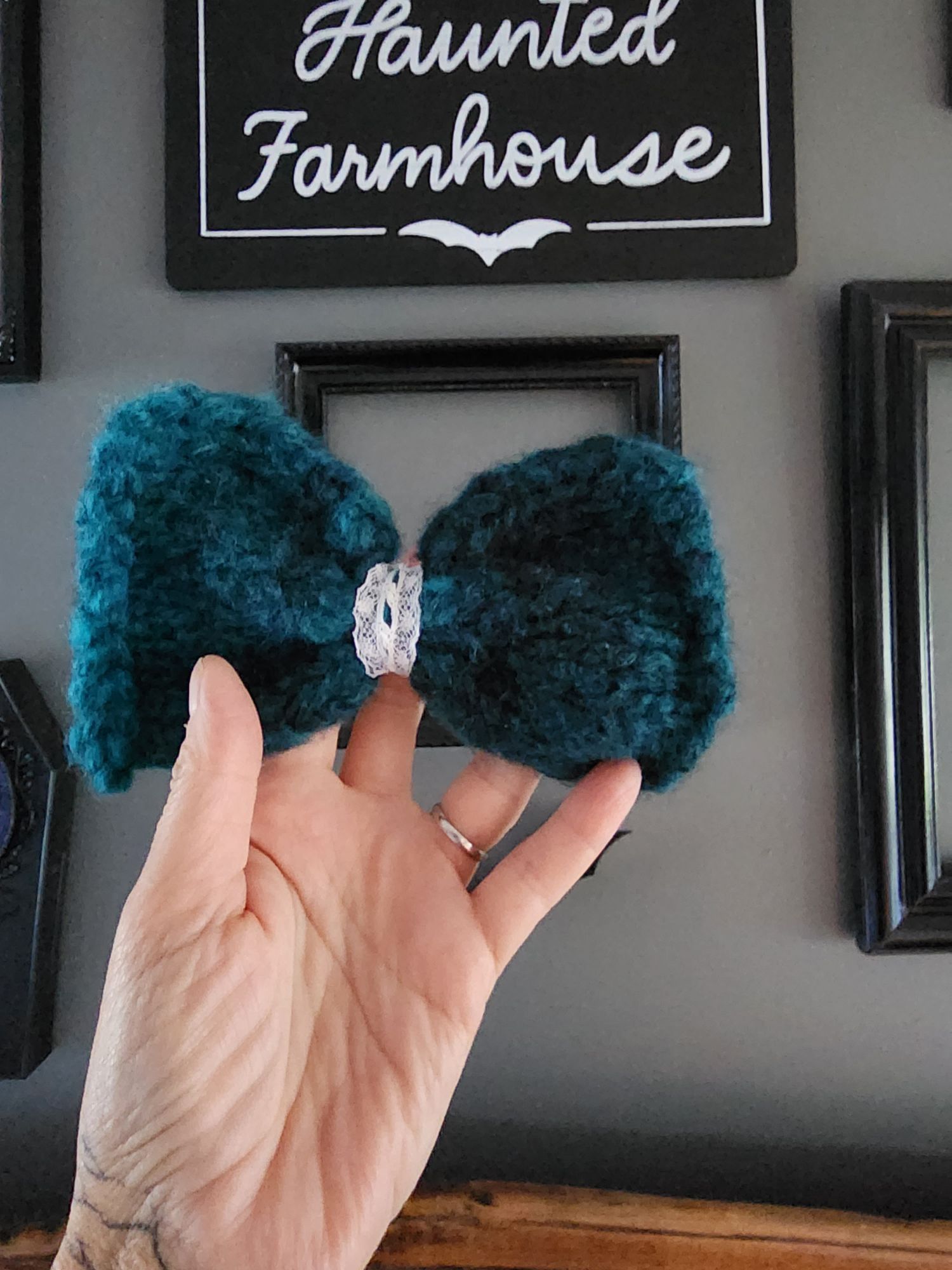 Handmade Knit Hair Bow, Handknitted Teal Ombre Ponytail Holder or Hai Size ONE SIZE - 15 Thumbnail