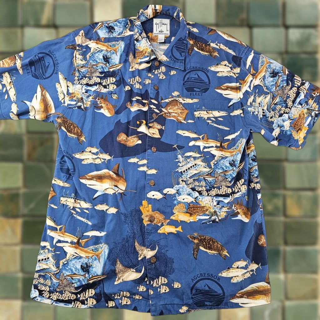Guy Harvey Guy Harvey Shirt Mens Large Blue Aggressor Fleet Fish Print Hawaiian Camp Shirt Size US L / EU 52-54 / 3 - 1 Thumbnail