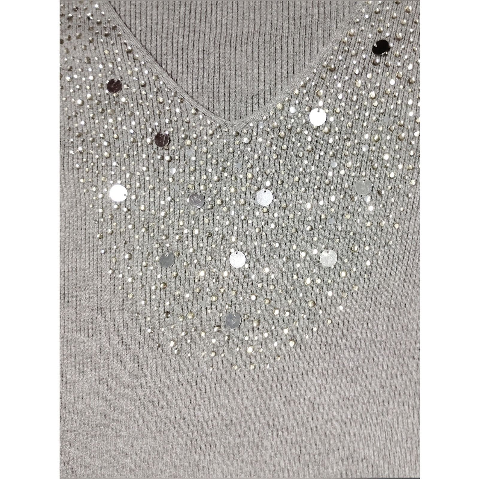 Amiri Women's Grey Long Sleeve V-Neck Sequin Ribbed Tee Size S / US 4 / IT 40 - 2 Thumbnail