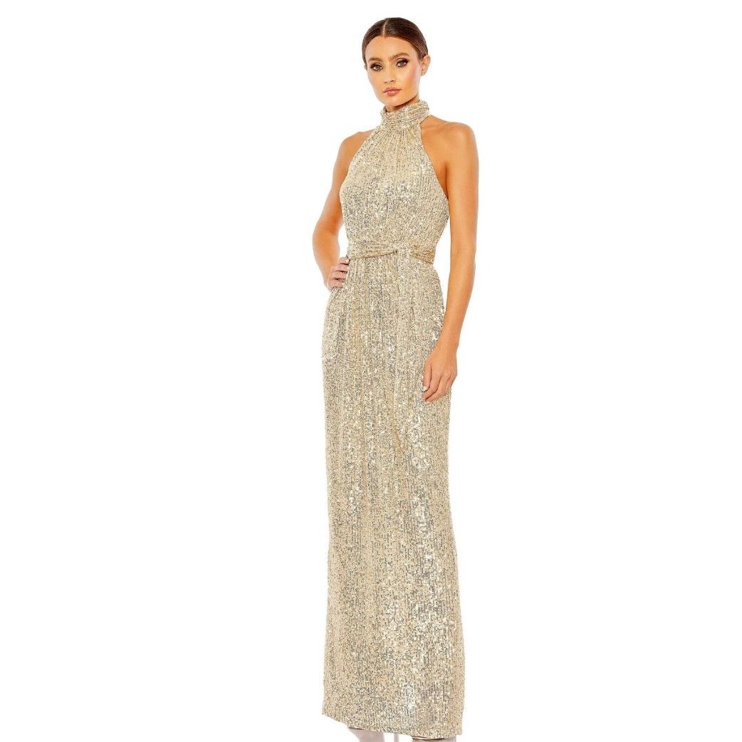 MACH & MACH Mac Duggal Gold Halter Neck Belted Soft Tie Gown size 14 BB Size L / US 10 / IT 46 - 1 Thumbnail