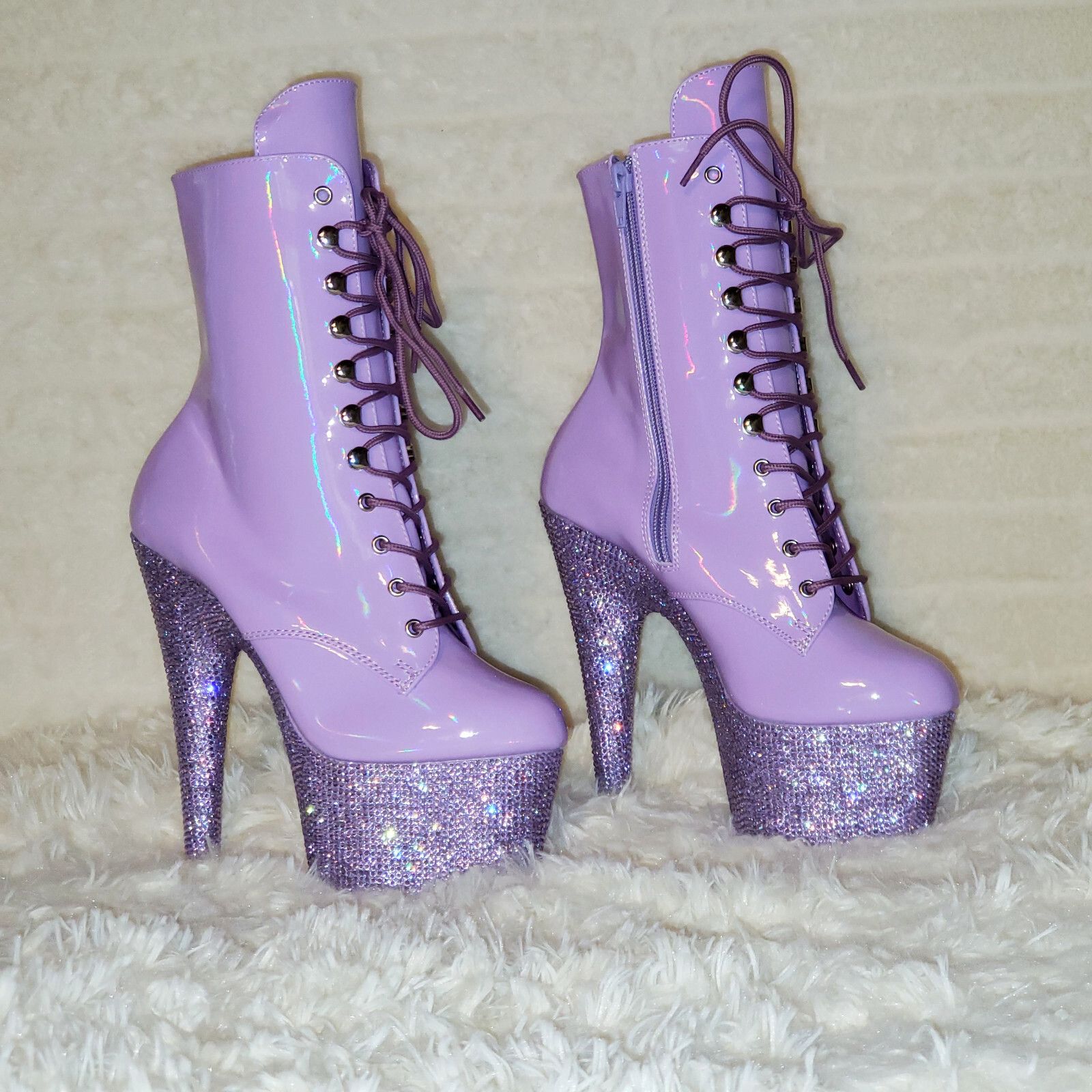 Other Bejeweled Lilac Rhinestone Platform Lace Up Ankle Boots 7" H Size US 6 / IT 36 - 7 Thumbnail