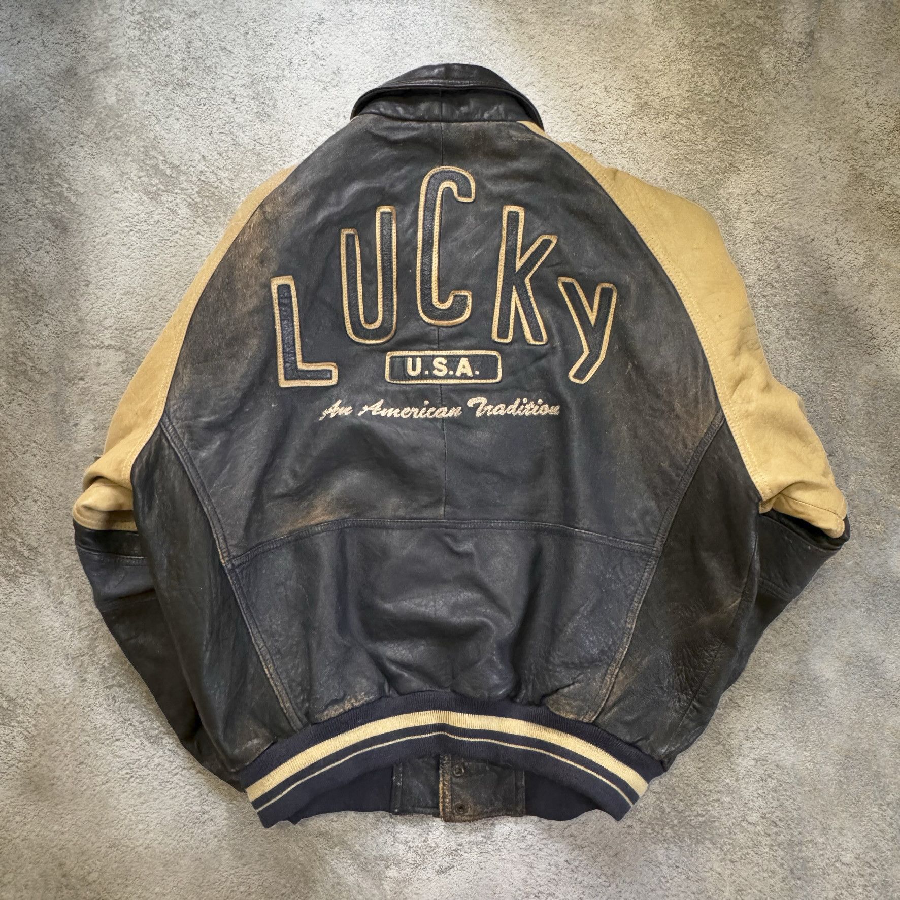 image of Vintage 80's Lucky Leather Los Angeles Leather Jacket in Dark Blue/Camel Brown, Men's (Size XL)