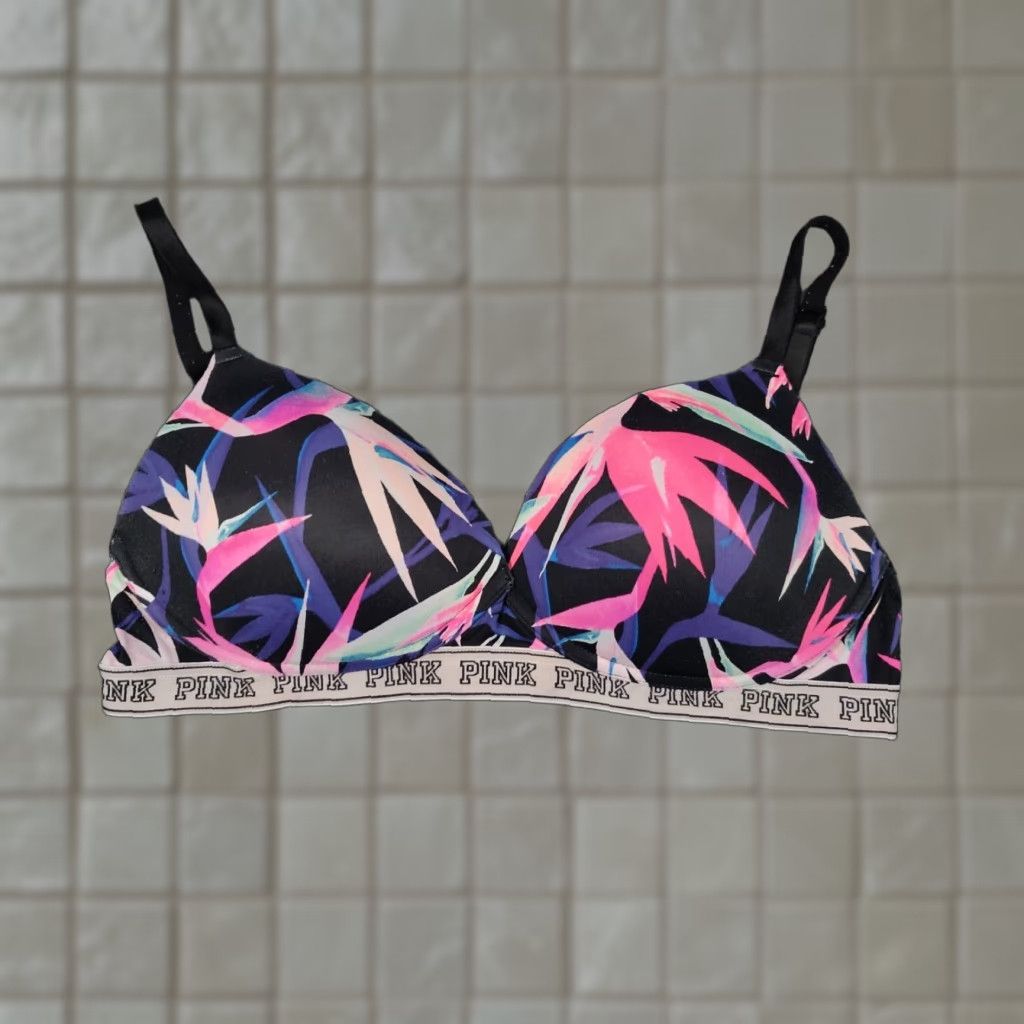 Victorias Secret Victoria's Secret Pink Wear Everywhere Bra Womens 32B Black Floral Lightly Lined Push Up Wireless
