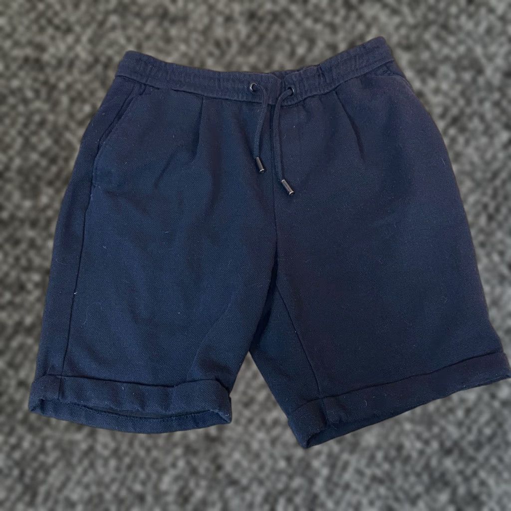 Zara ZARA Men Navy Blue Textured Drawstring Waist Shorts M Size US 31 - 1 Thumbnail