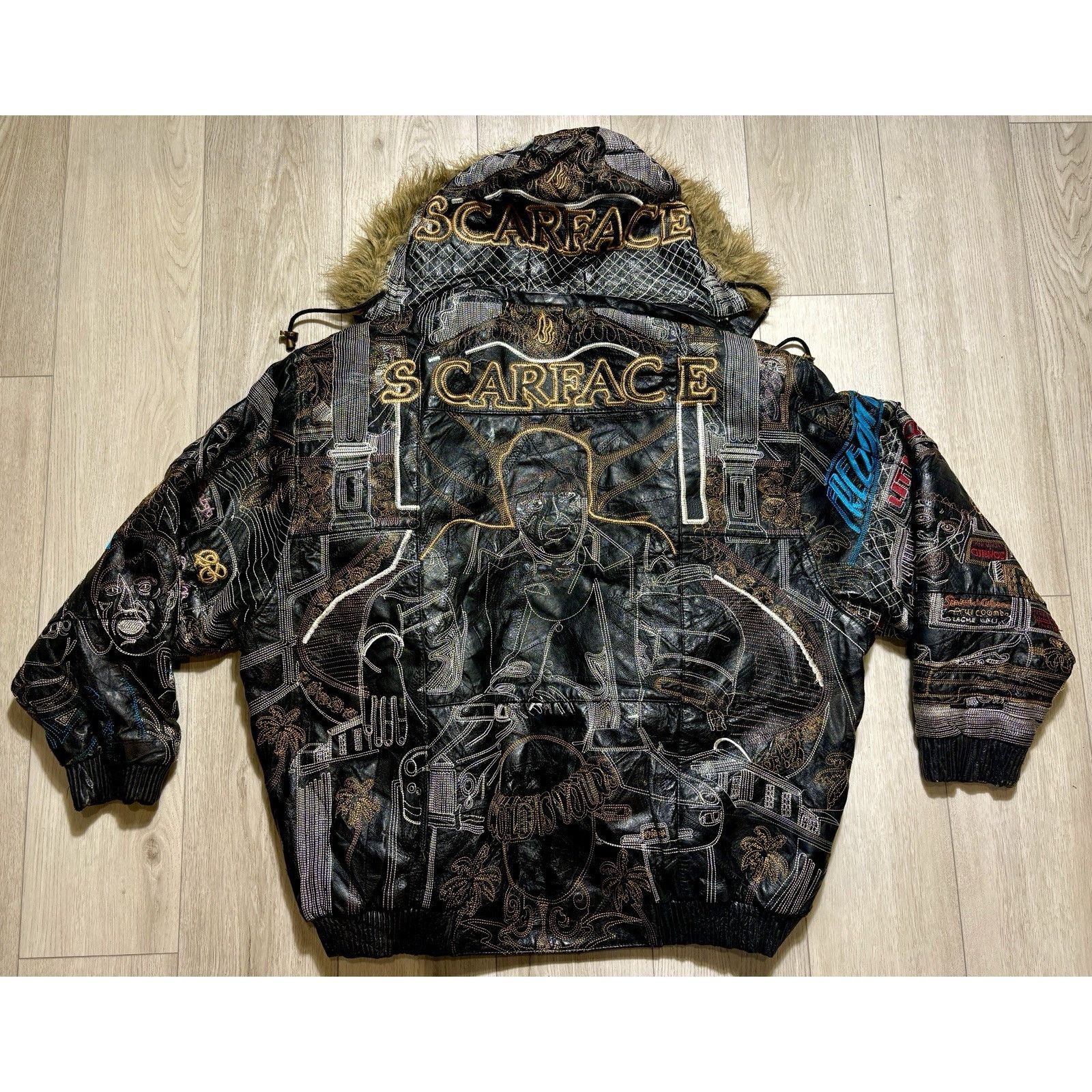 Other Scarface Leather Embroidered Fur Hood Jacket Black Y2K 5XL Size US XXL / EU 58 / 5 - 2 Thumbnail