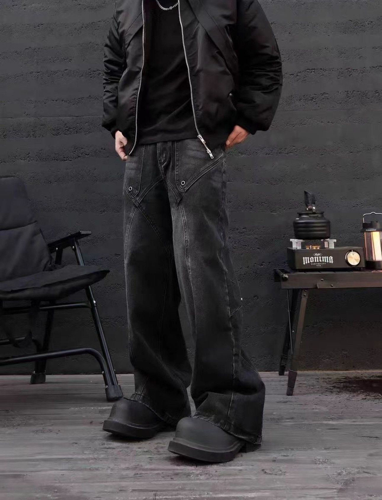 Japanese Brand × Jean Vintage black patchwork rivet wide leg jeans Size US 34 / EU 50 - 2 Thumbnail